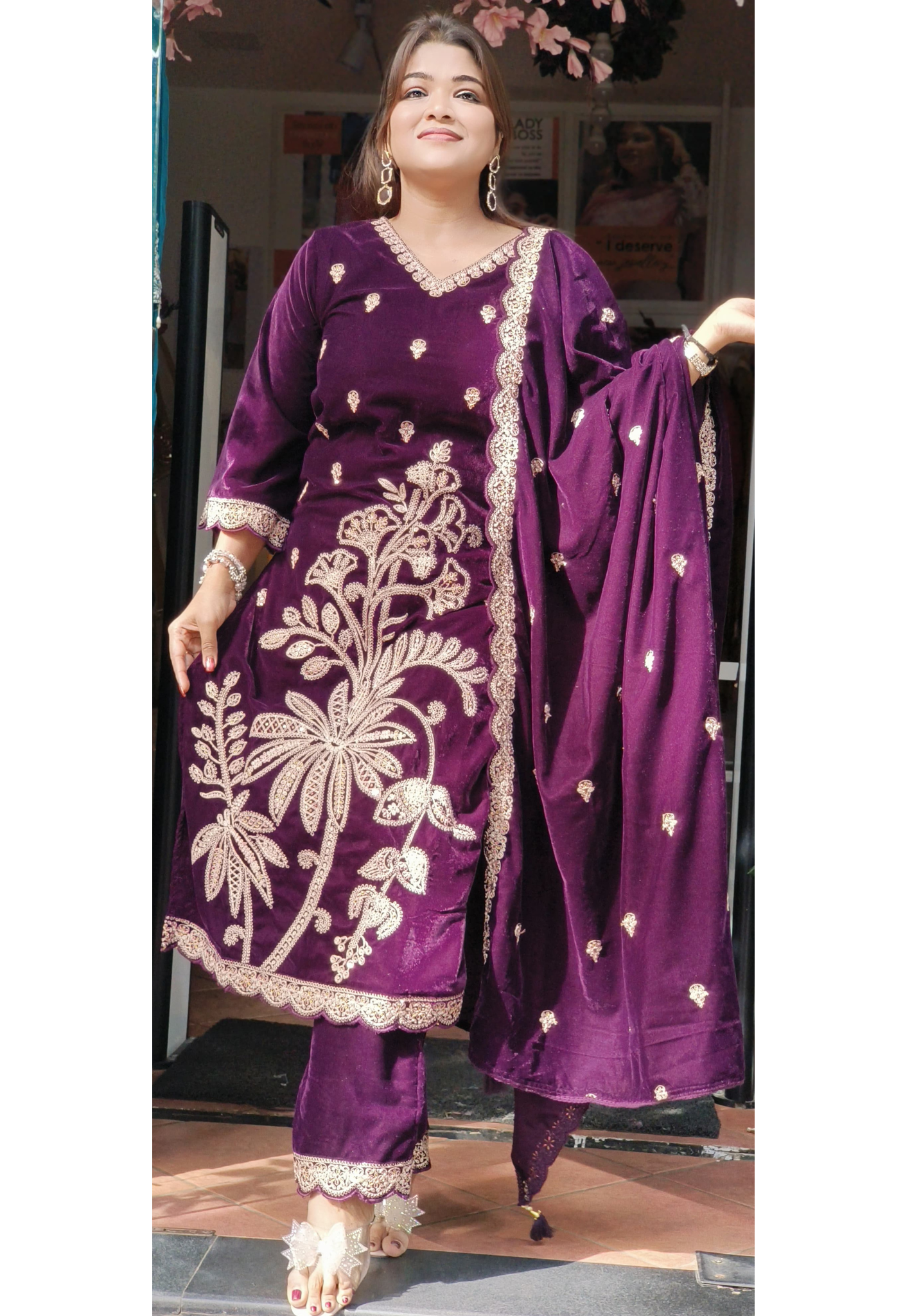 Beautiful embroidered Velvet full suit set with Pant and Dupatta