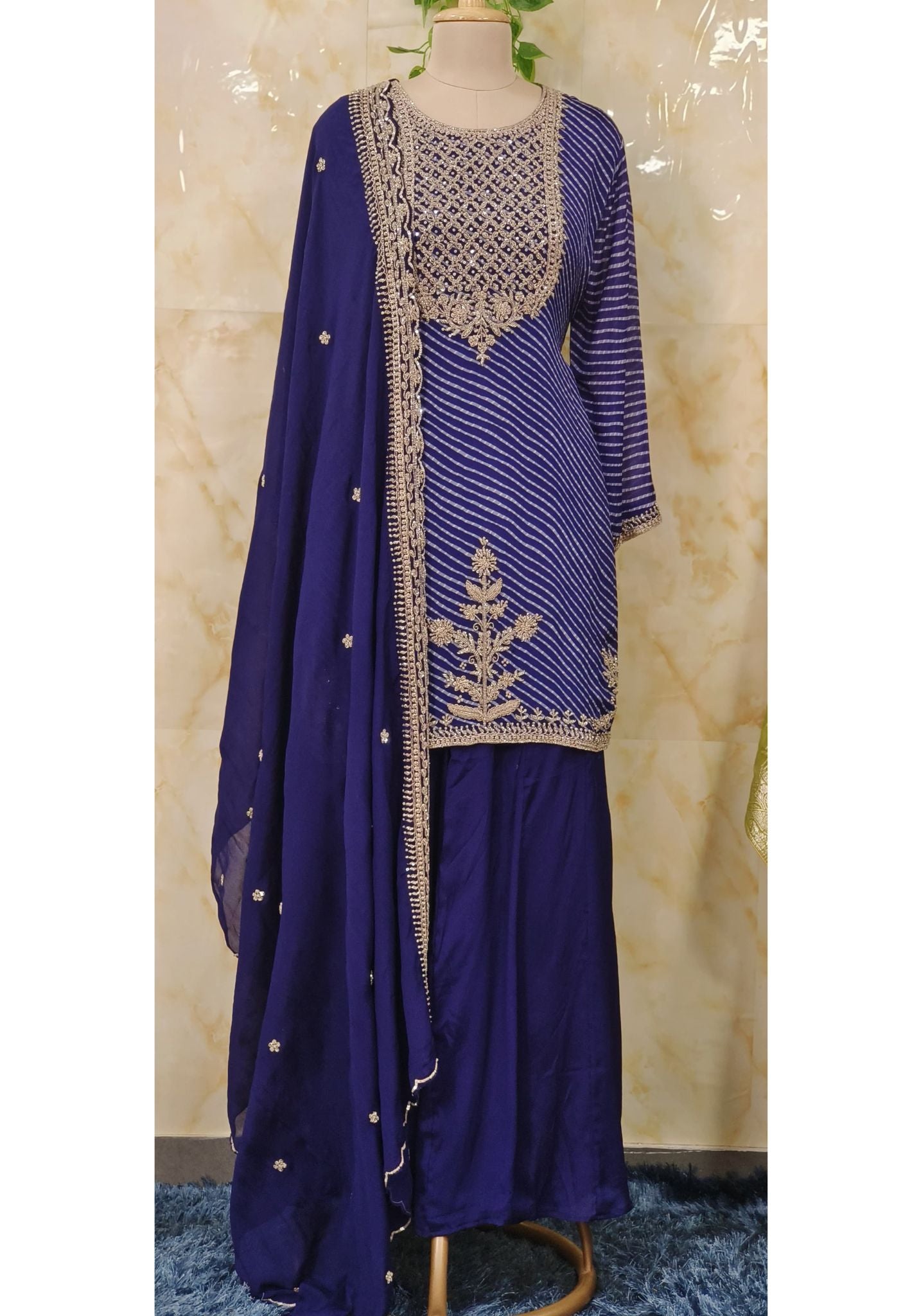 Elegant Chinon Lehariya Kurta with Cutdana Embroidery, Sharara, and Dupatta – A Perfect Blend of Tradition and Glamour for Festive OccasionsFull Set DRY WASH-