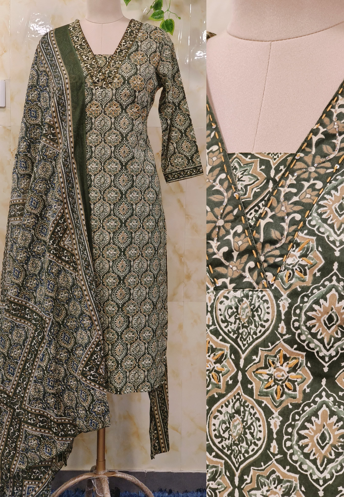 Green printed Detailed Neck Kurta Pant With Cotton Printed Dupatta