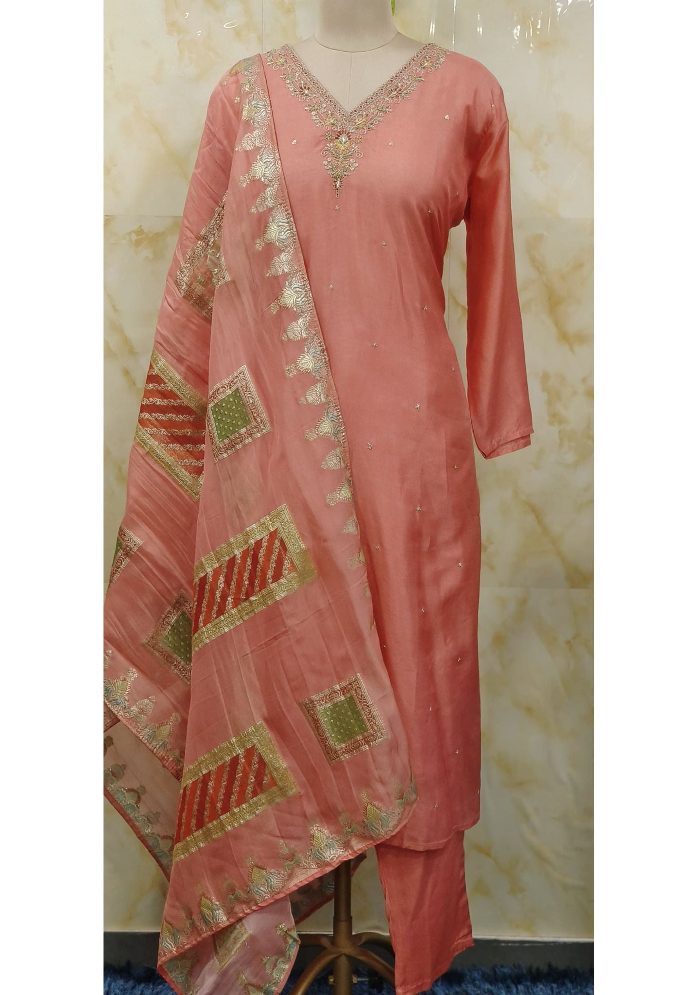 V-Neck Zardosi Embroidery Kurta And Pant With Dupatta-07978