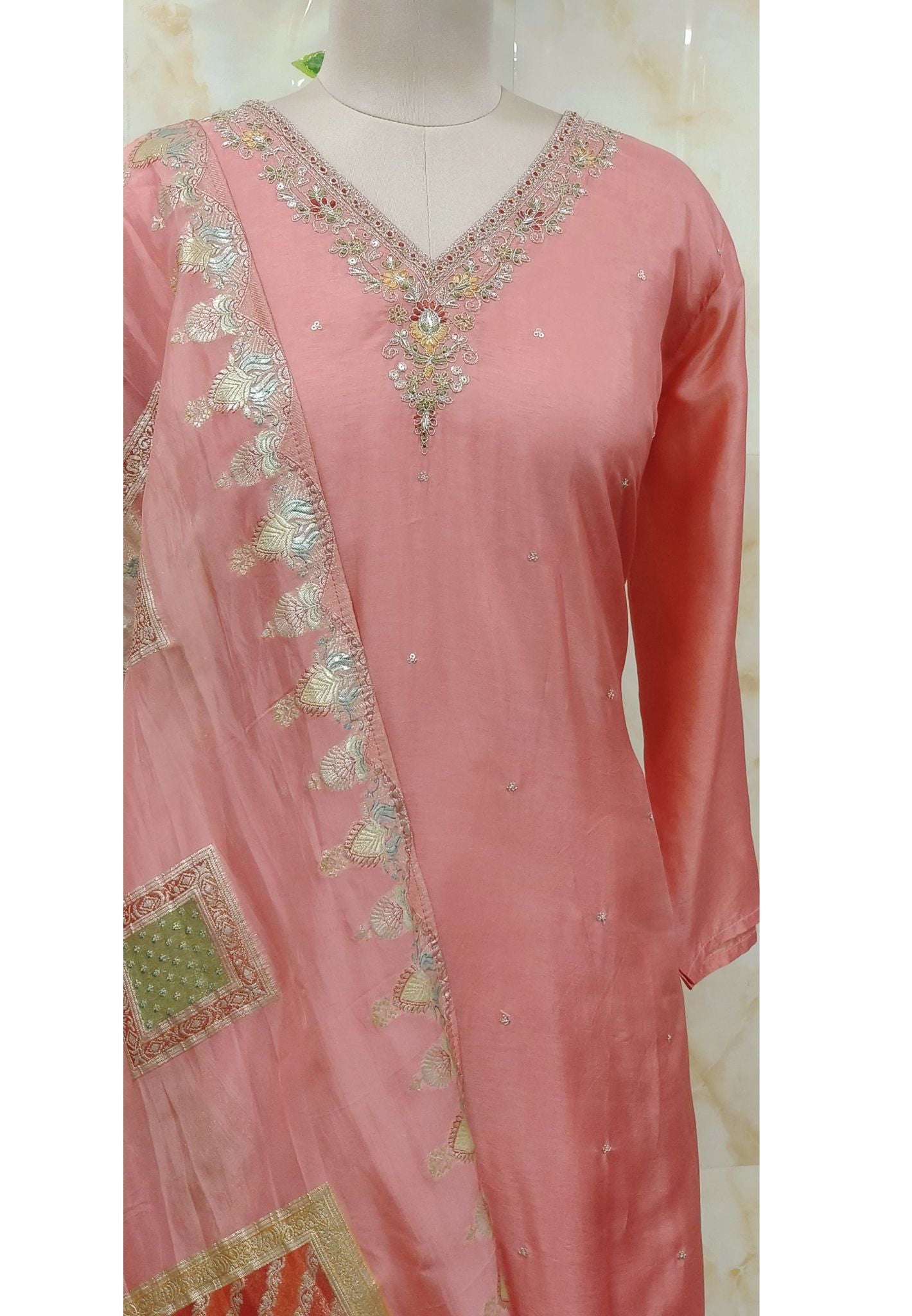 V-Neck Zardosi Embroidery Kurta And Pant With Dupatta-07978