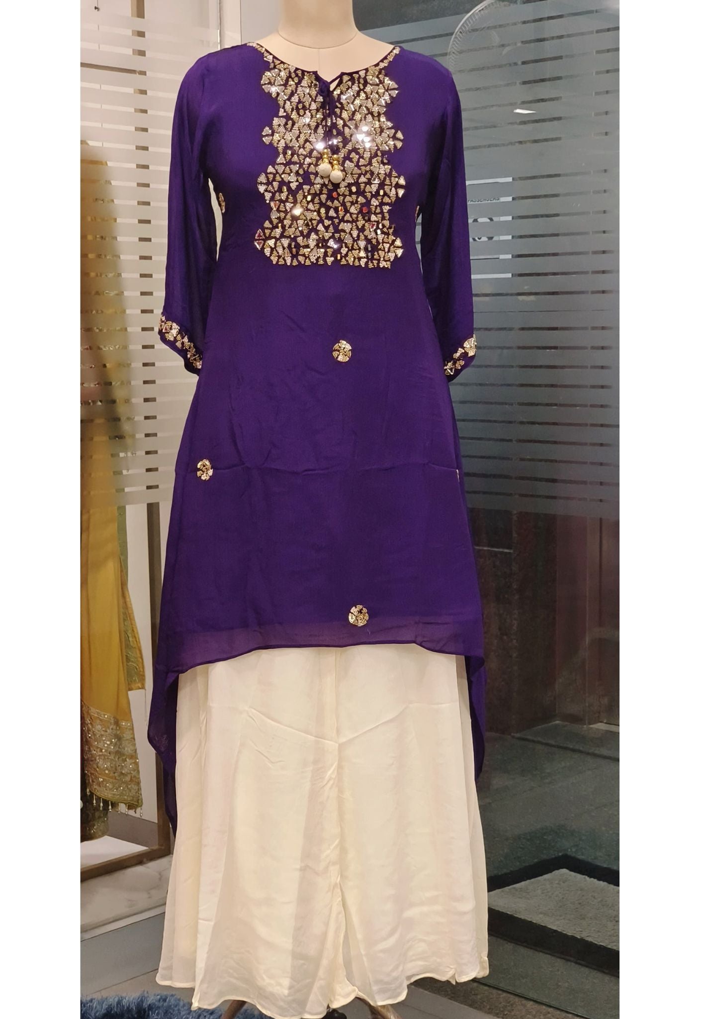 Real Mirror Work And Sequence Embroidered Chinnon High and low Top With Loose palazzo-07913