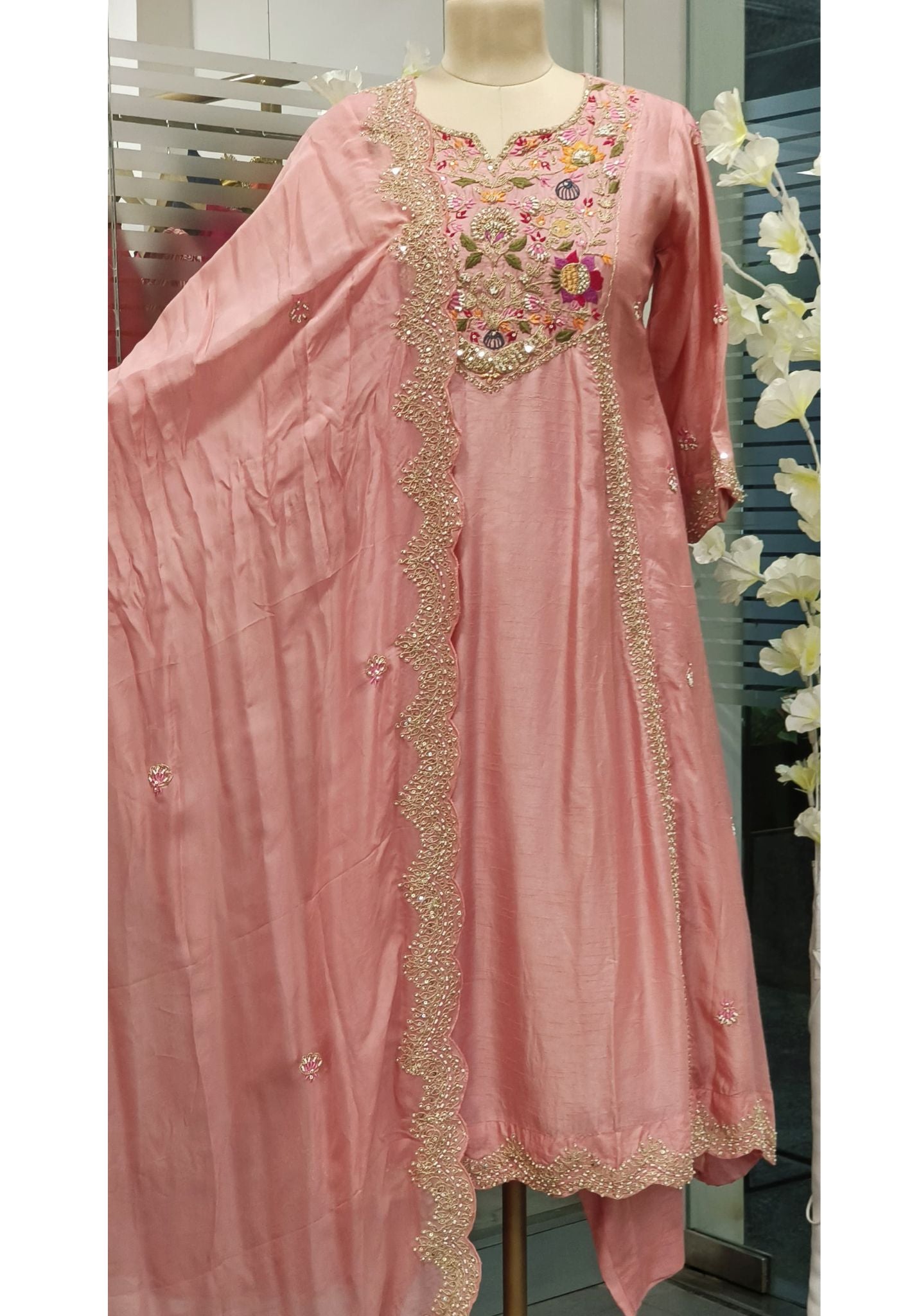 Beautiful Zardozi Embroidered Dola Silk Anarkali, with pant and scallop dupatta. Drywash-06923