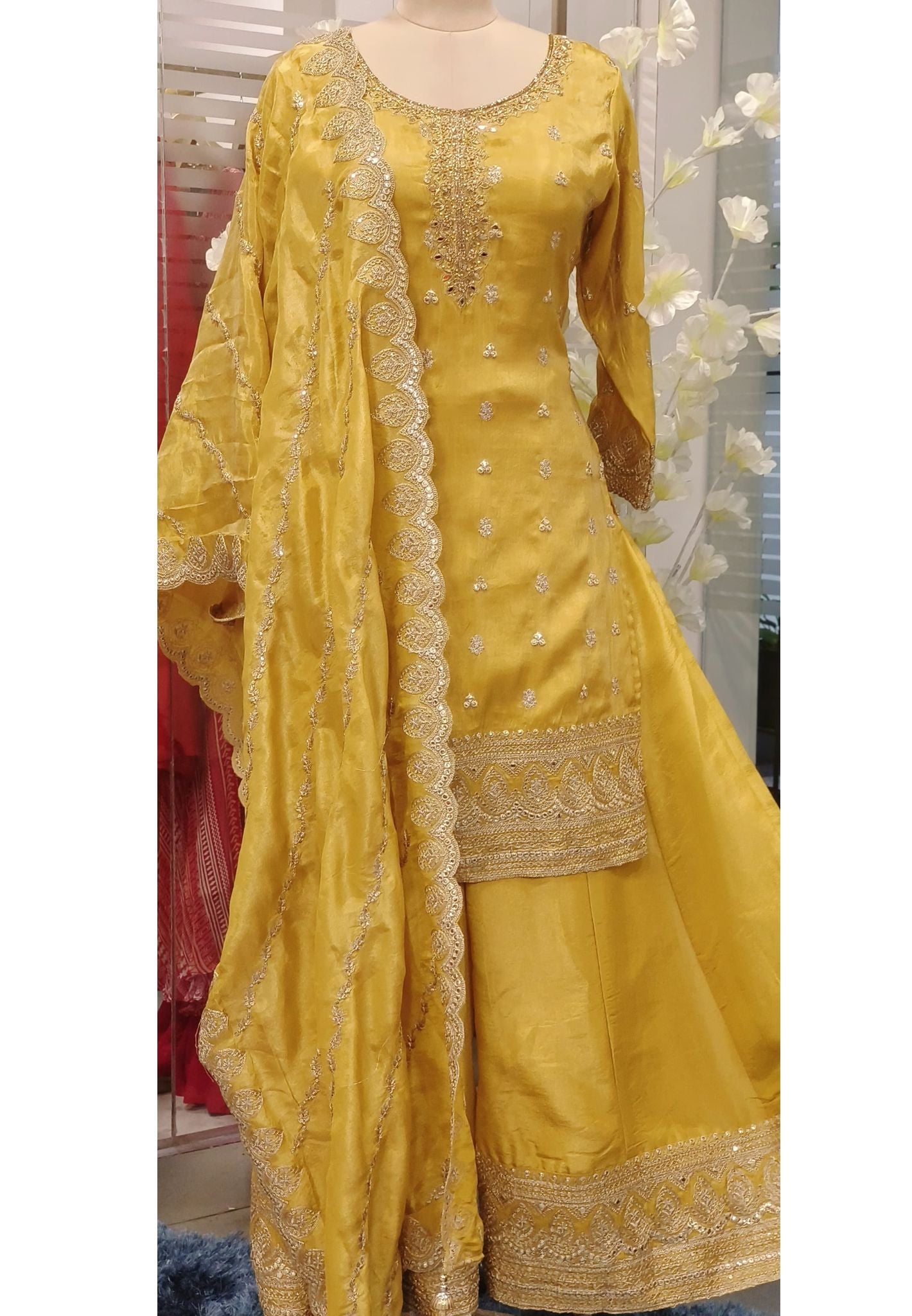 Heavy Party wear Shimmer Tissue Kurta with Gota Patti embroidered Kurta, palazzo with Scallop Dupatta. Drywash