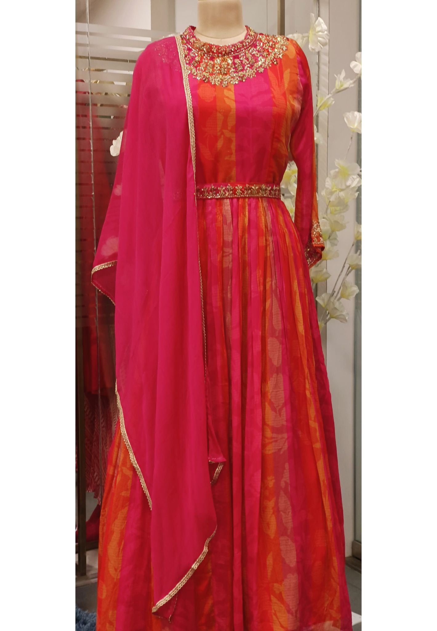 Beautiful Chinon Gown with Embroidery at the Neck and on the Belt with dupatta. Drywash-07987