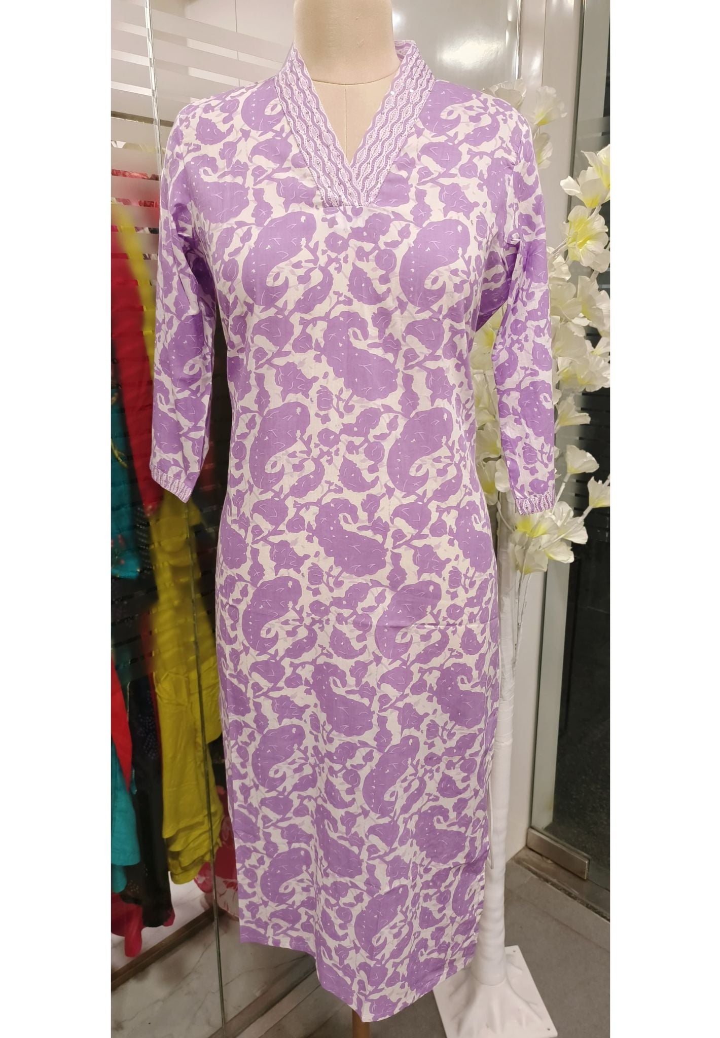 Printed Cotton V-Neck Kurta Only-08063