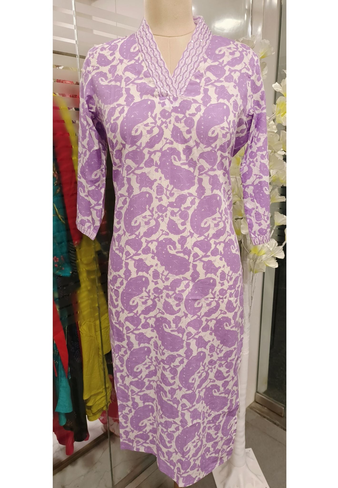 Printed Cotton V-Neck Kurta Only-08063