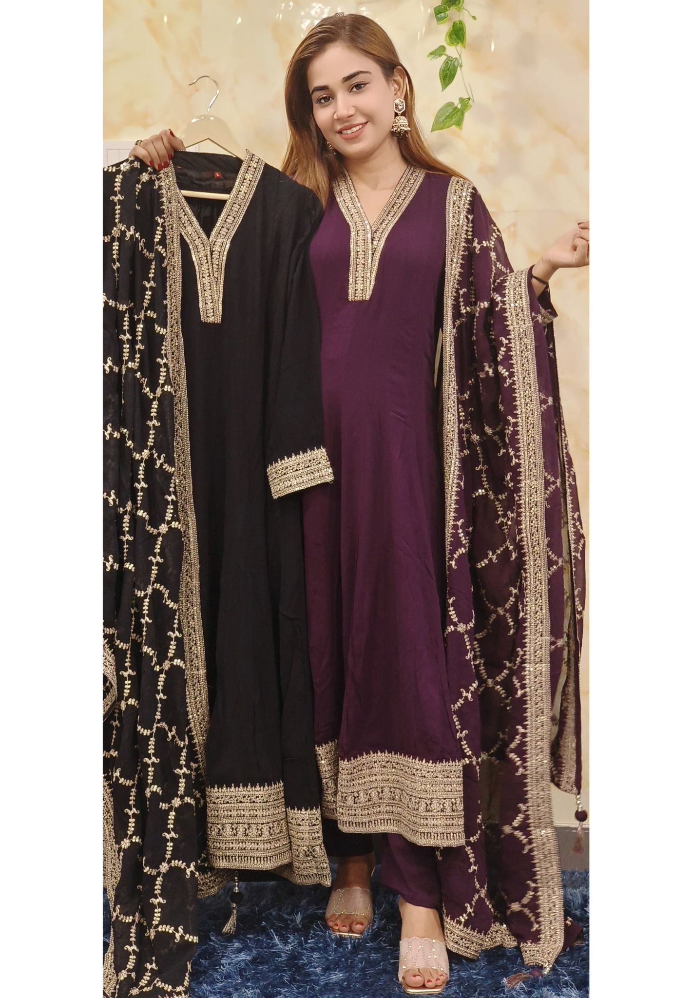 Beautiful V-Neck Zardozi Embroidery Anarkali Full Set-08222