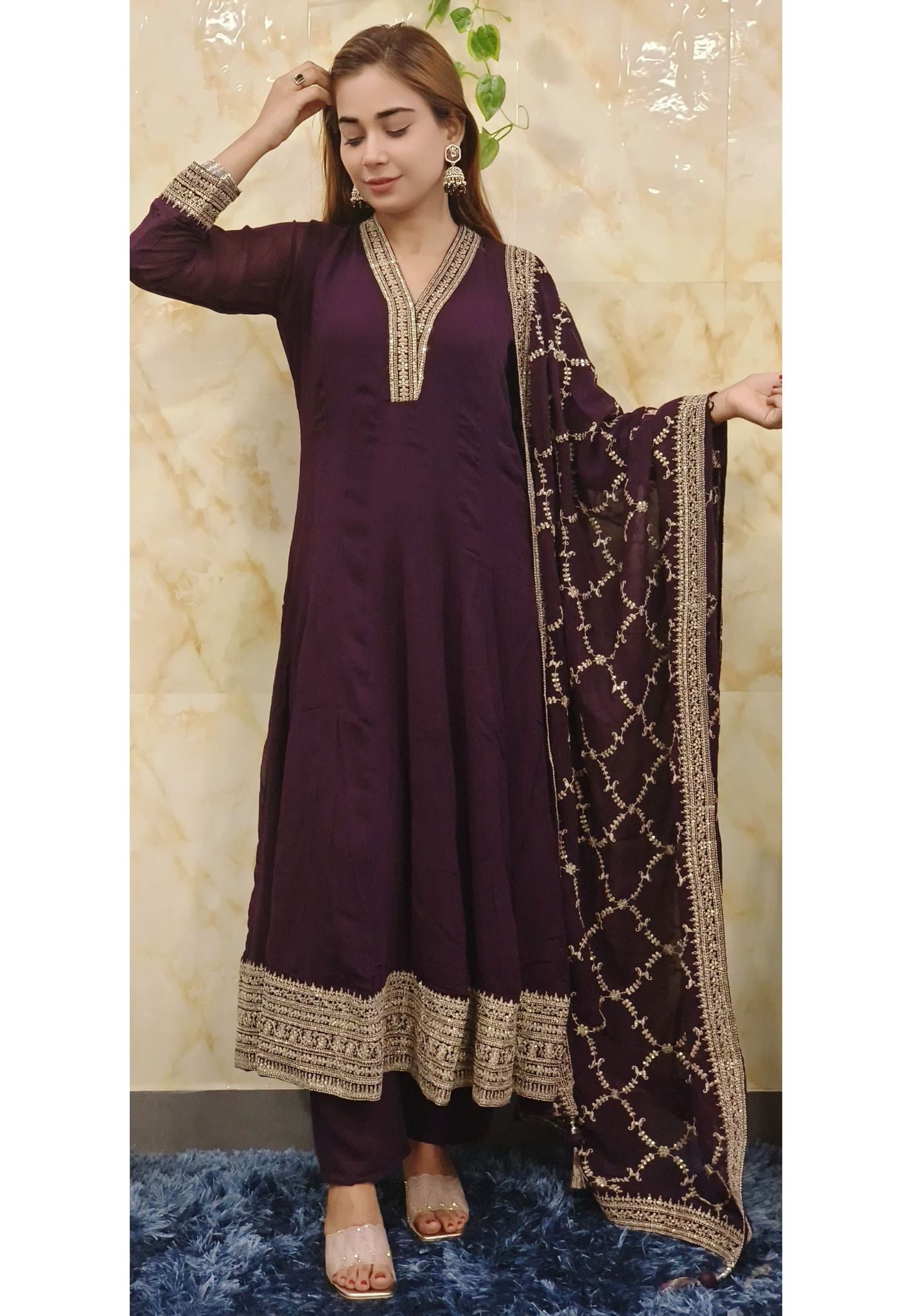 Beautiful V-Neck Zardozi Embroidery Anarkali Full Set-08222
