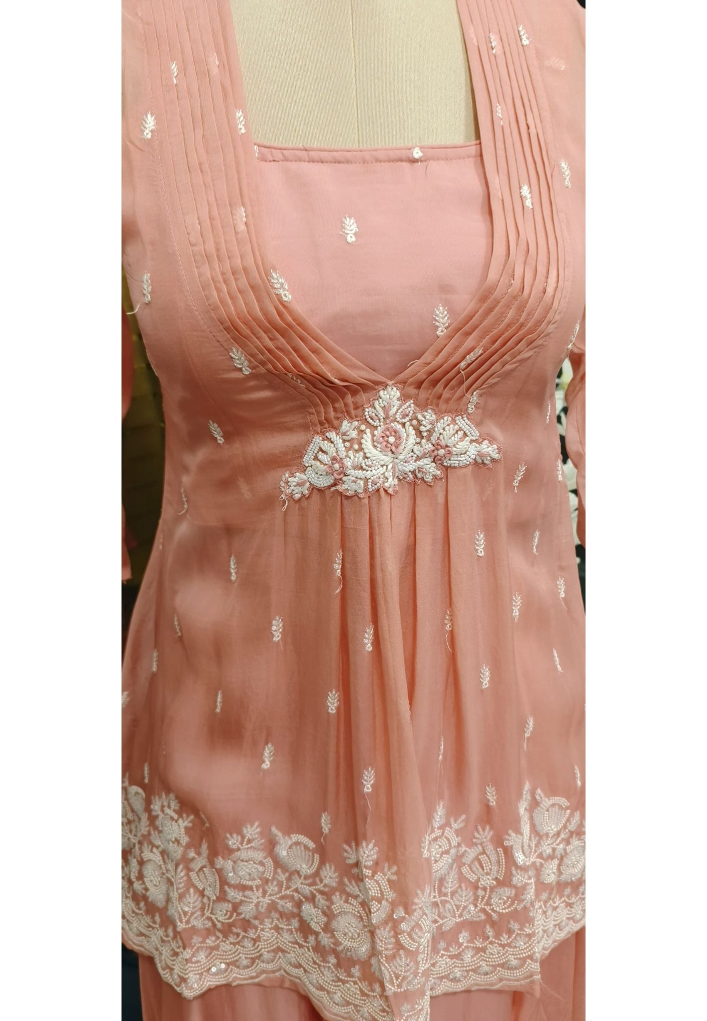 Blush Pink Embroidered organza stylish Top with Busters and Flare palazzo Set of 3-08291