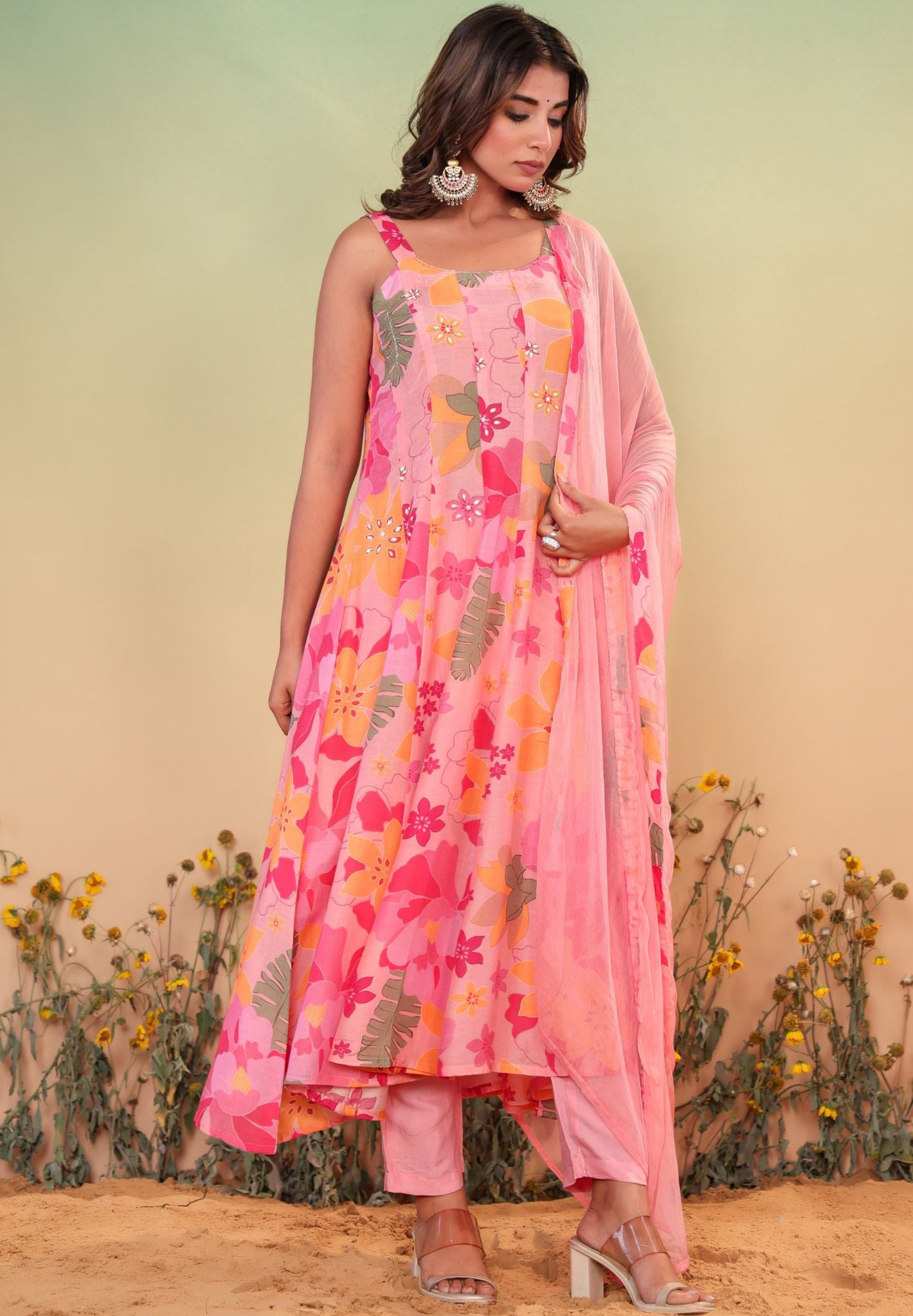 Elegant Floral Print Muslin Pannel Strap Style Anarkali Kurta With Cut dana Detailing Set with Pant & Dupatta-08646