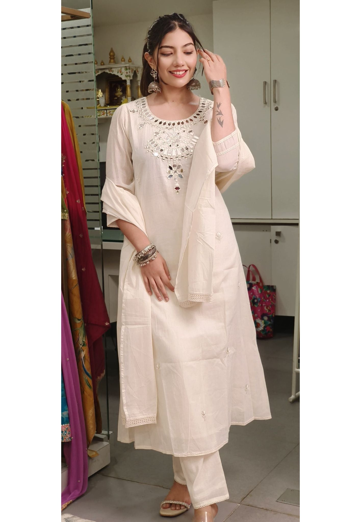 Cotton Real Mirror kurta with pant Cotton duptta set -