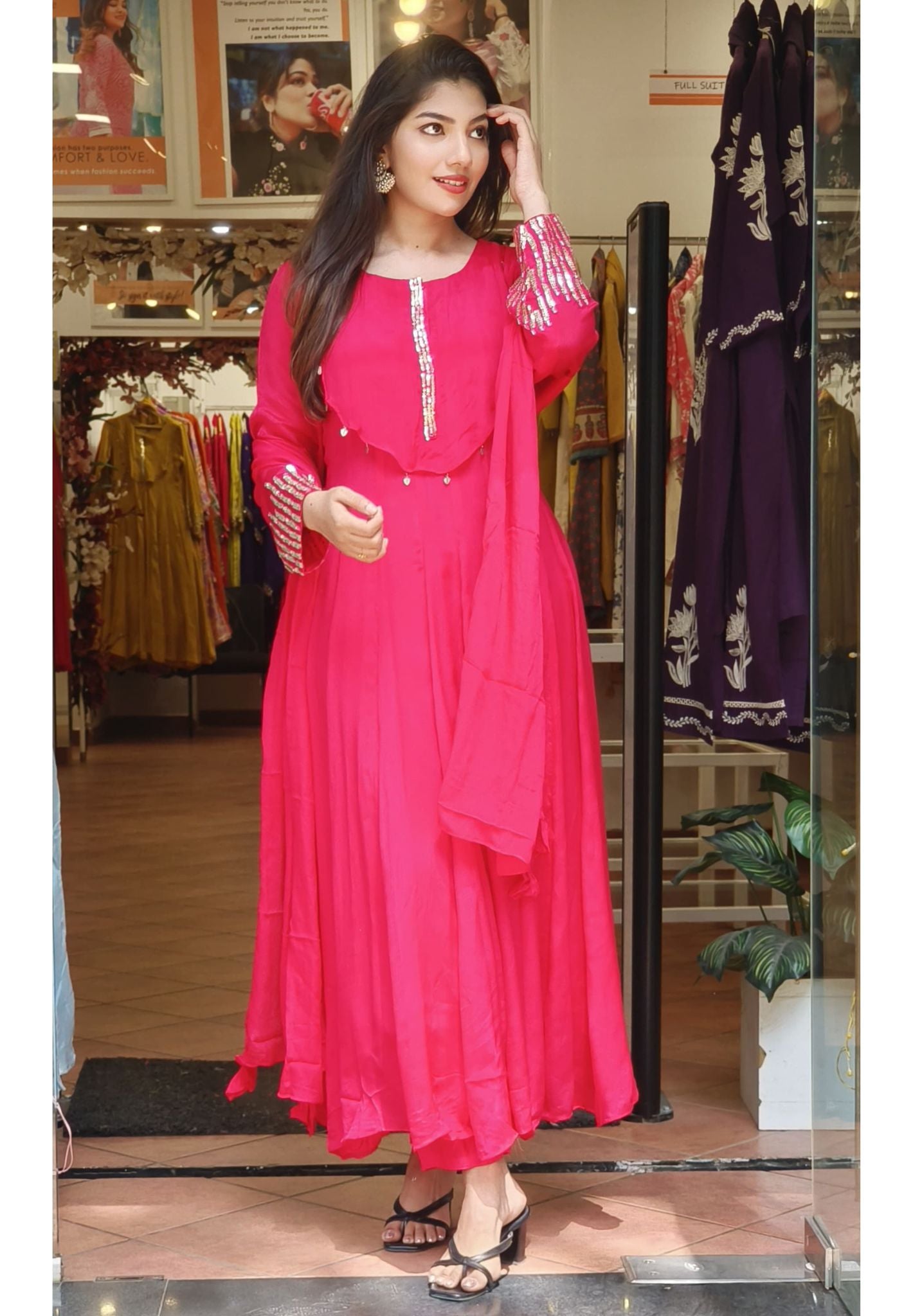 Graceful Chinon Anarkali Party Wear Set with Intricate Neck and Sleeve Embroidery-08757