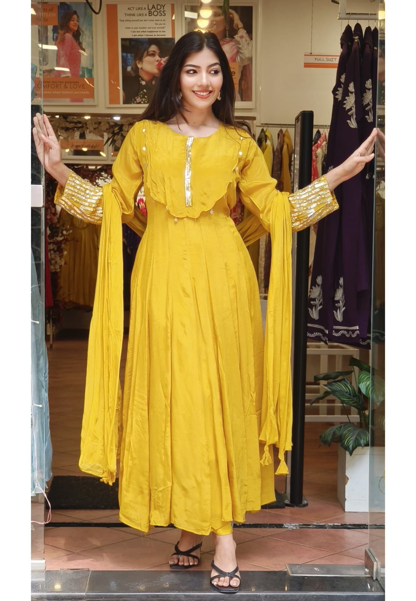 Graceful Chinon Anarkali Party Wear Set with Intricate Neck and Sleeve Embroidery-08757