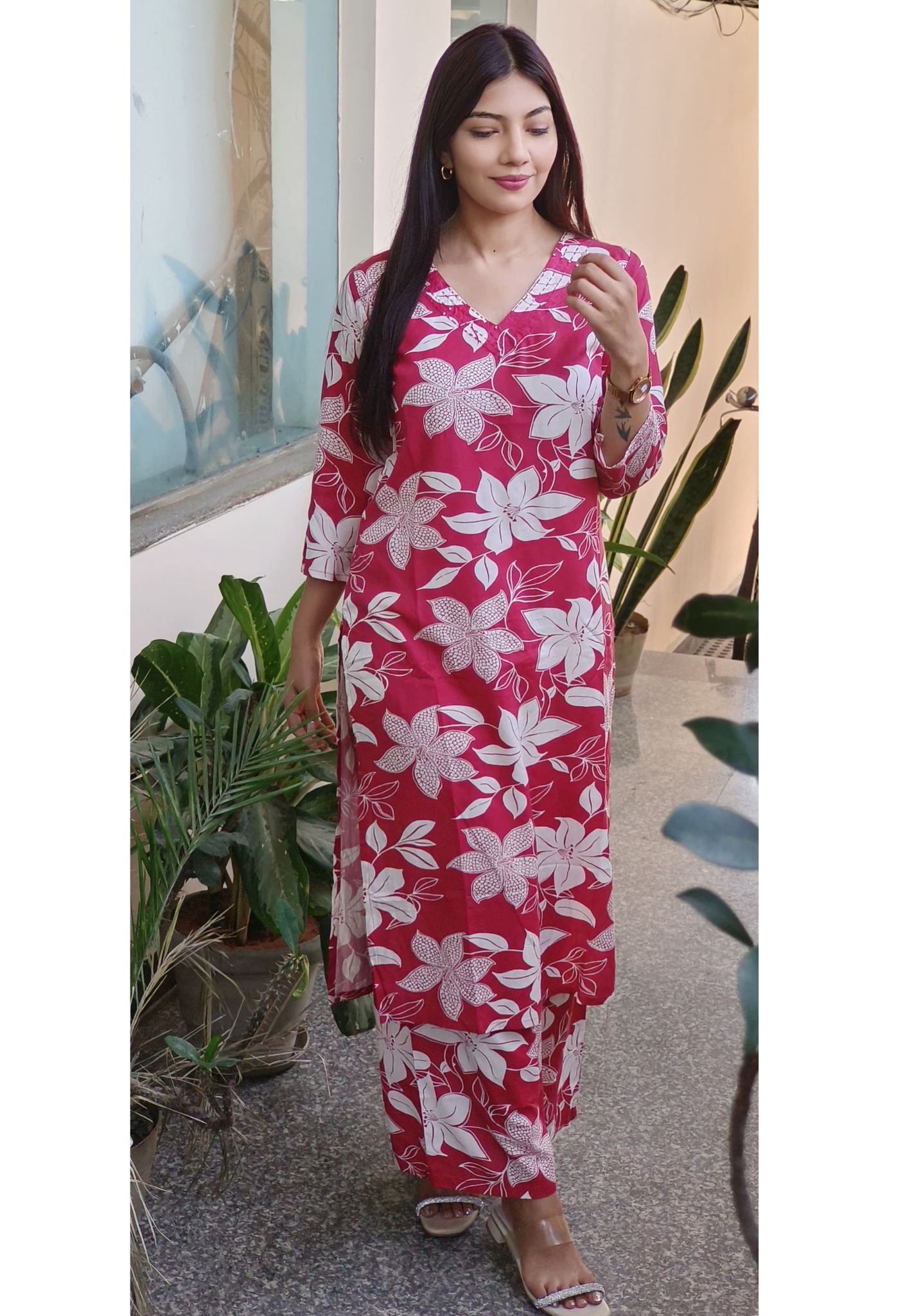 Flower Print Cotton V-Neck Kurta with Loose Pant Set