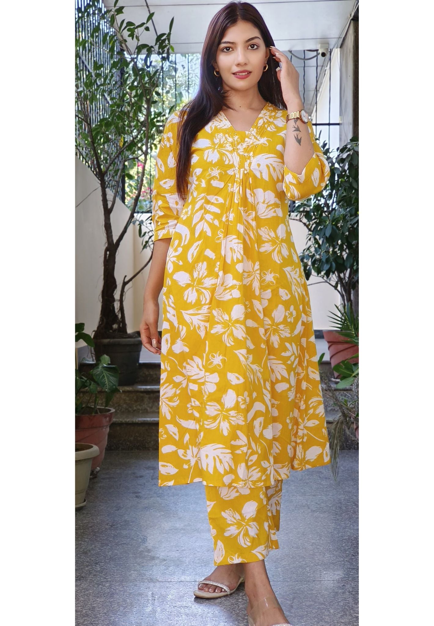 Yellow White Fresh Breezy Printed Cotton Kurta with Pant Combo-08685