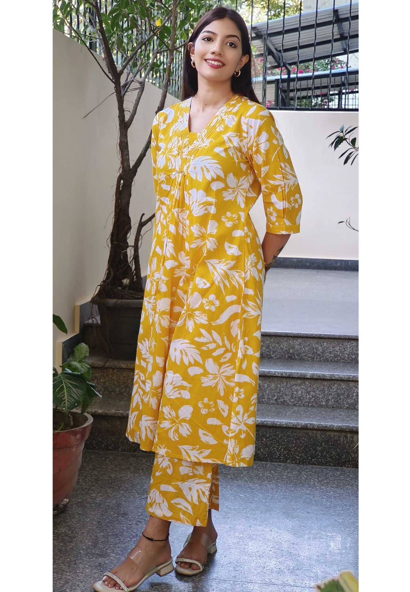 Yellow White Fresh Breezy Printed Cotton Kurta with Pant Combo-08685