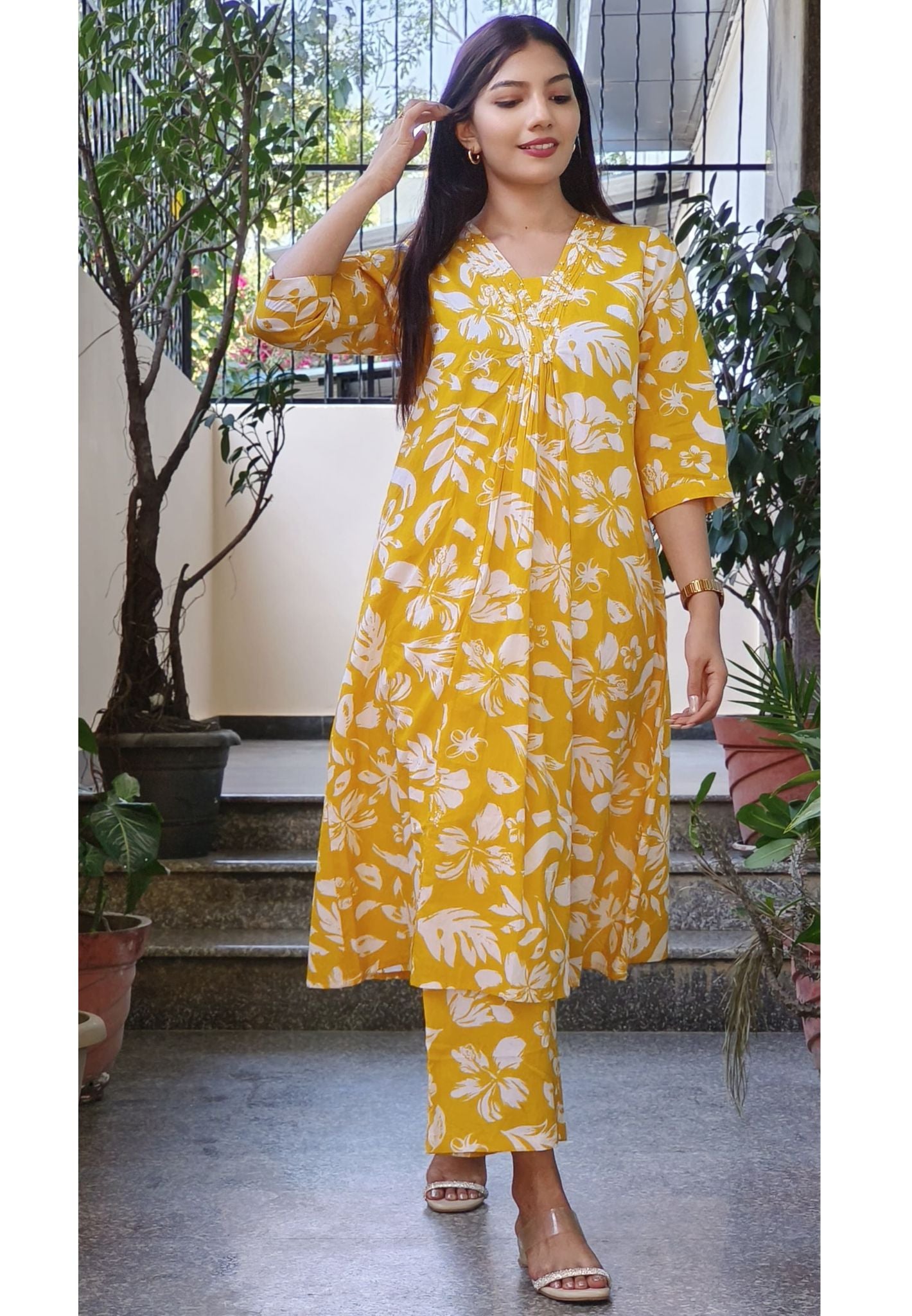 Yellow White Fresh Breezy Printed Cotton Kurta with Pant Combo-08685