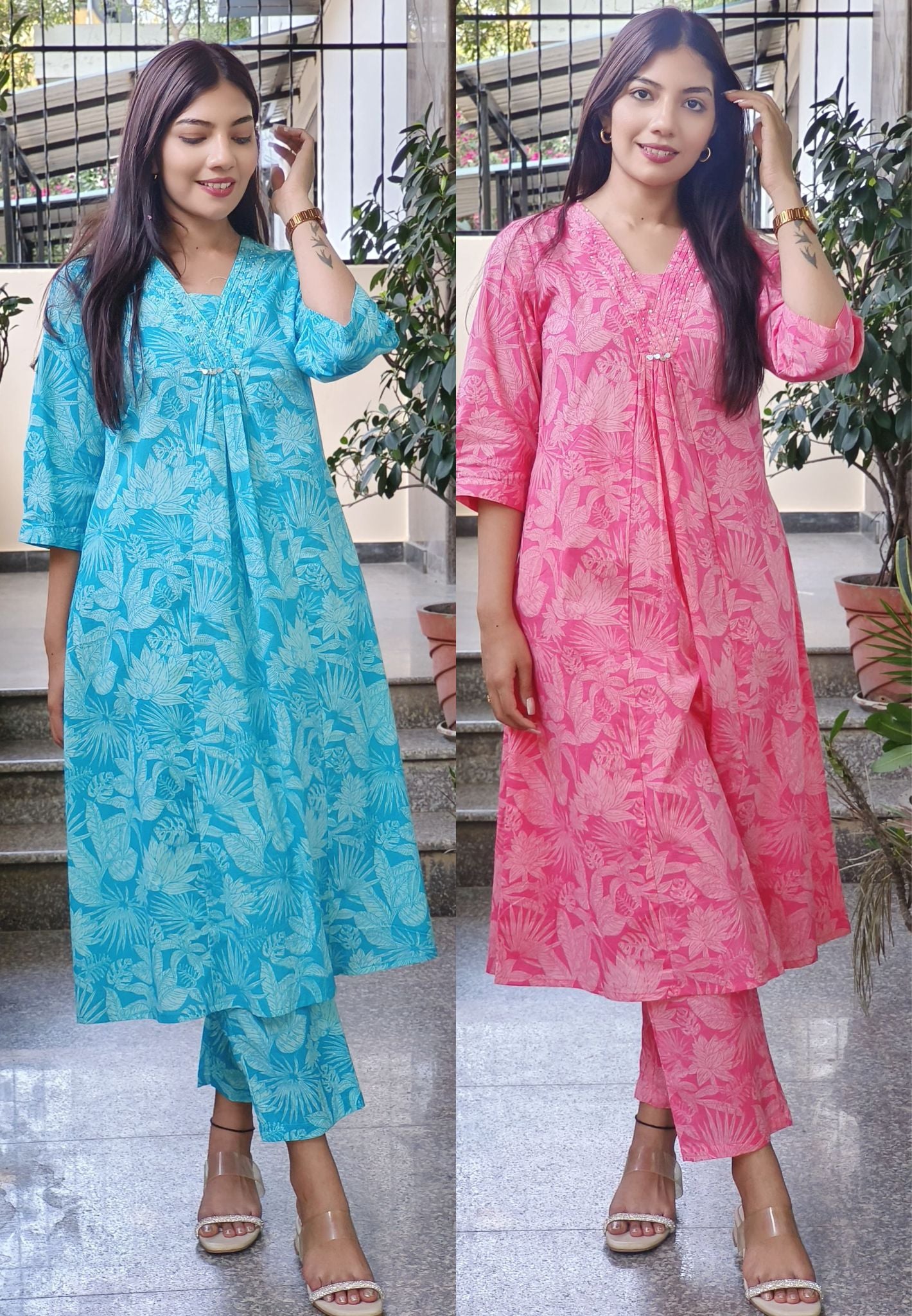 V-Neck Breathable Printed Cotton Kurta and Pant Set for Warm Weather-08508