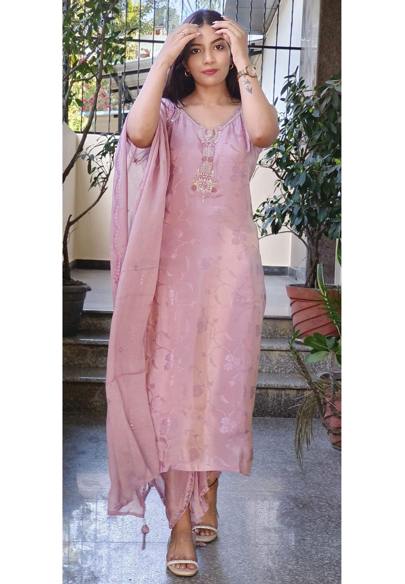 Radiant Tissue Zardosi Embroidered Neckline With Tulip Pant And Dupatta and seprate Slevees