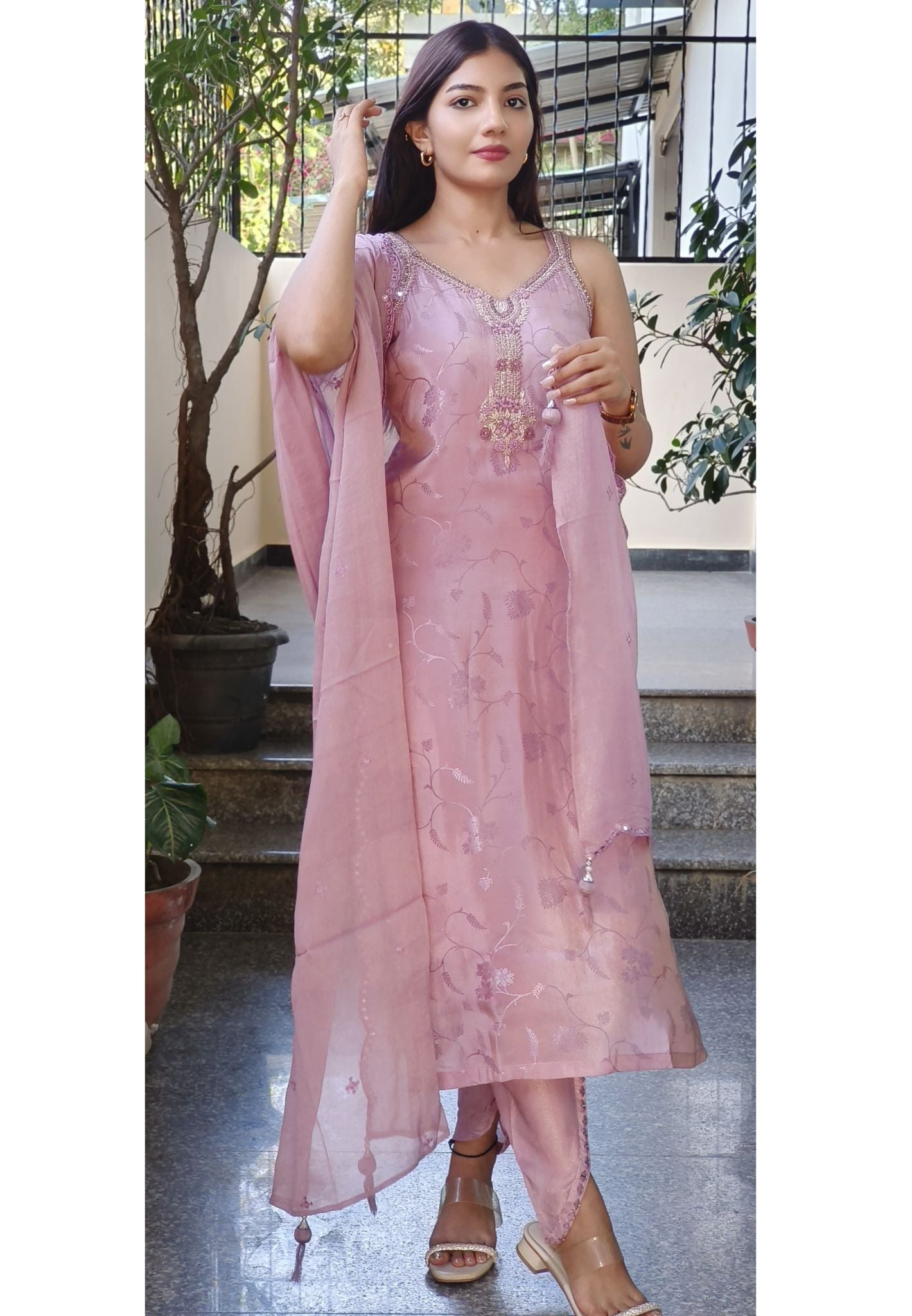 Radiant Tissue Zardosi Embroidered Neckline With Tulip Pant And Dupatta and seprate Slevees