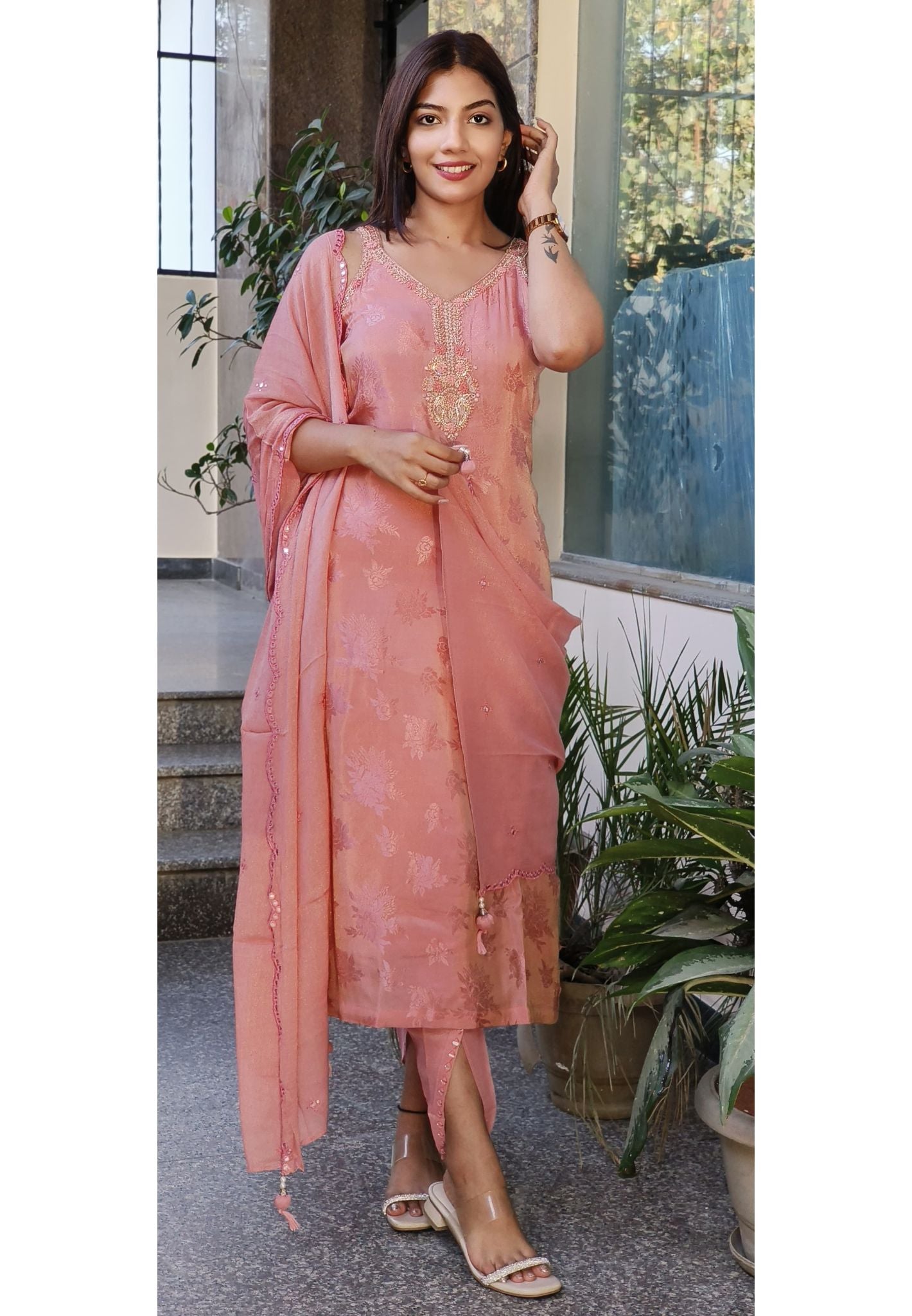 Radiant Tissue Zardosi Embroidered Neckline With Tulip Pant And Dupatta and seprate Slevees