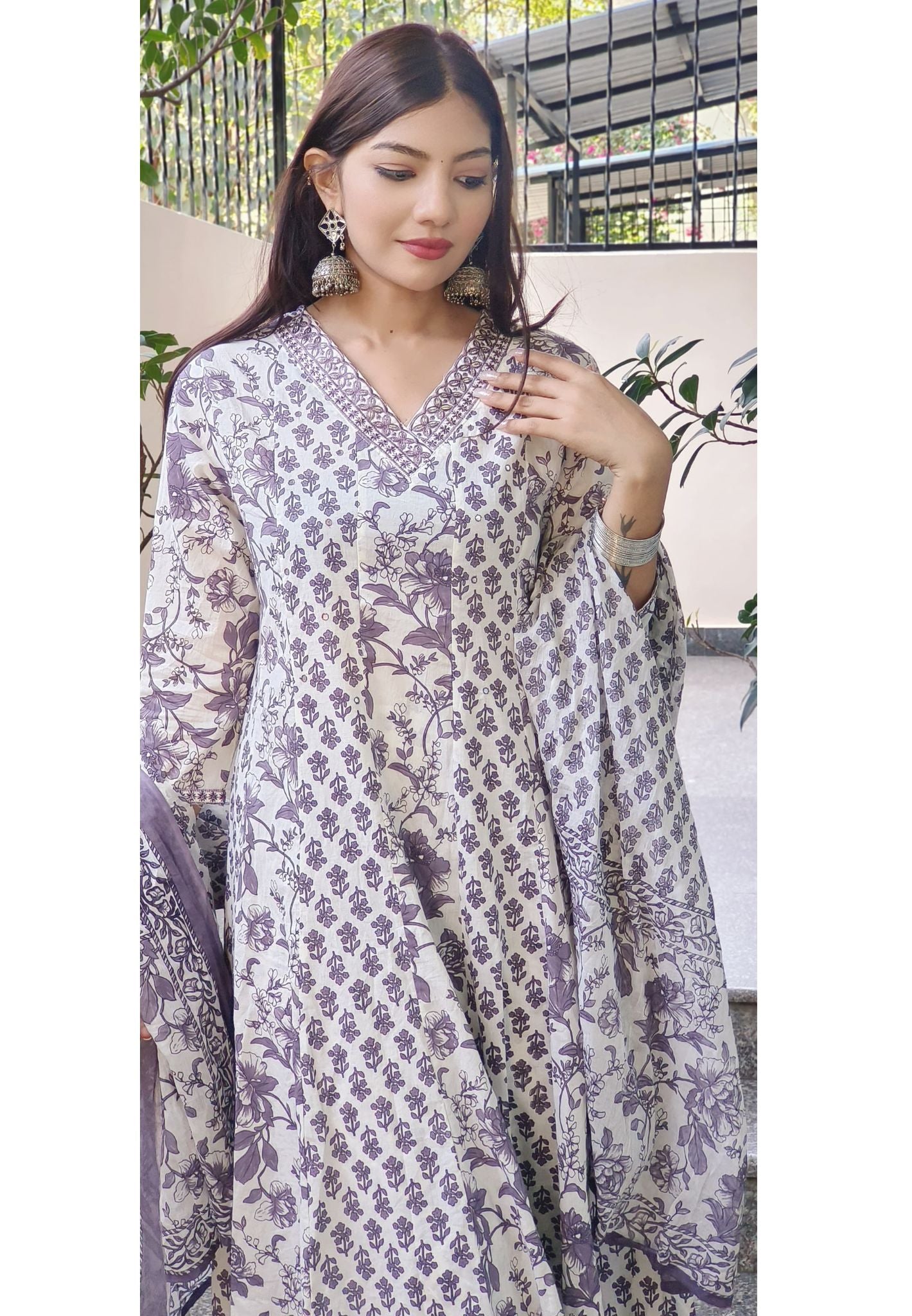 Light Lavender V-Neck Printed Cotton Panel Anarkali Set with Sequined Neck Detailing with Pant With Printed Dupatta-08795