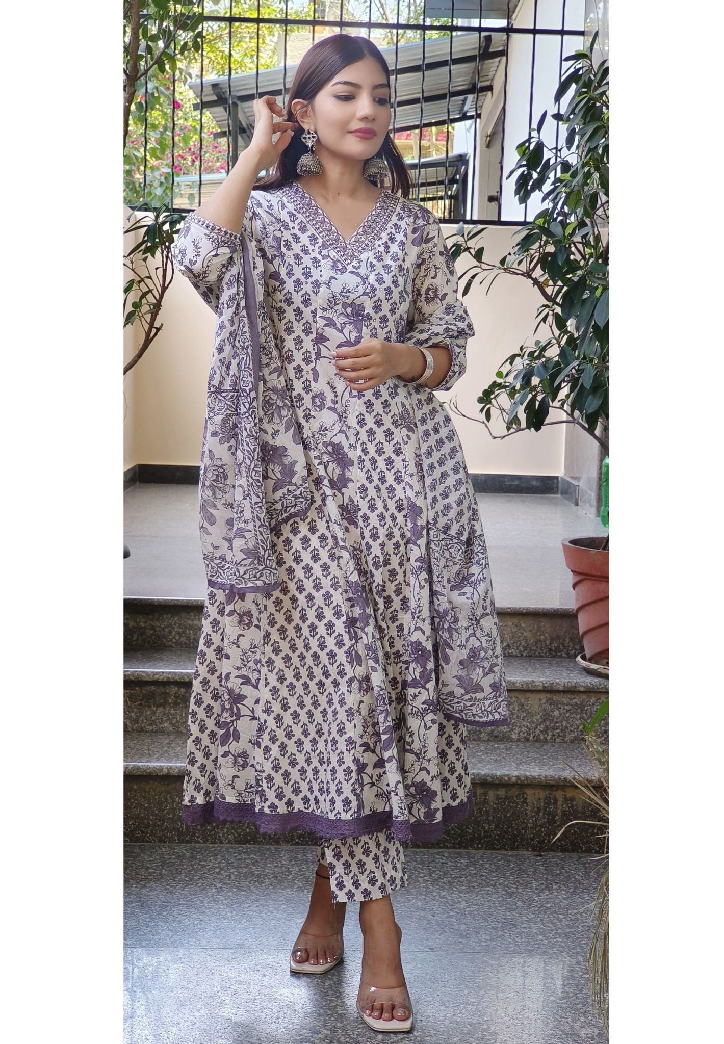 Light Lavender V-Neck Printed Cotton Panel Anarkali Set with Sequined Neck Detailing with Pant With Printed Dupatta-08795