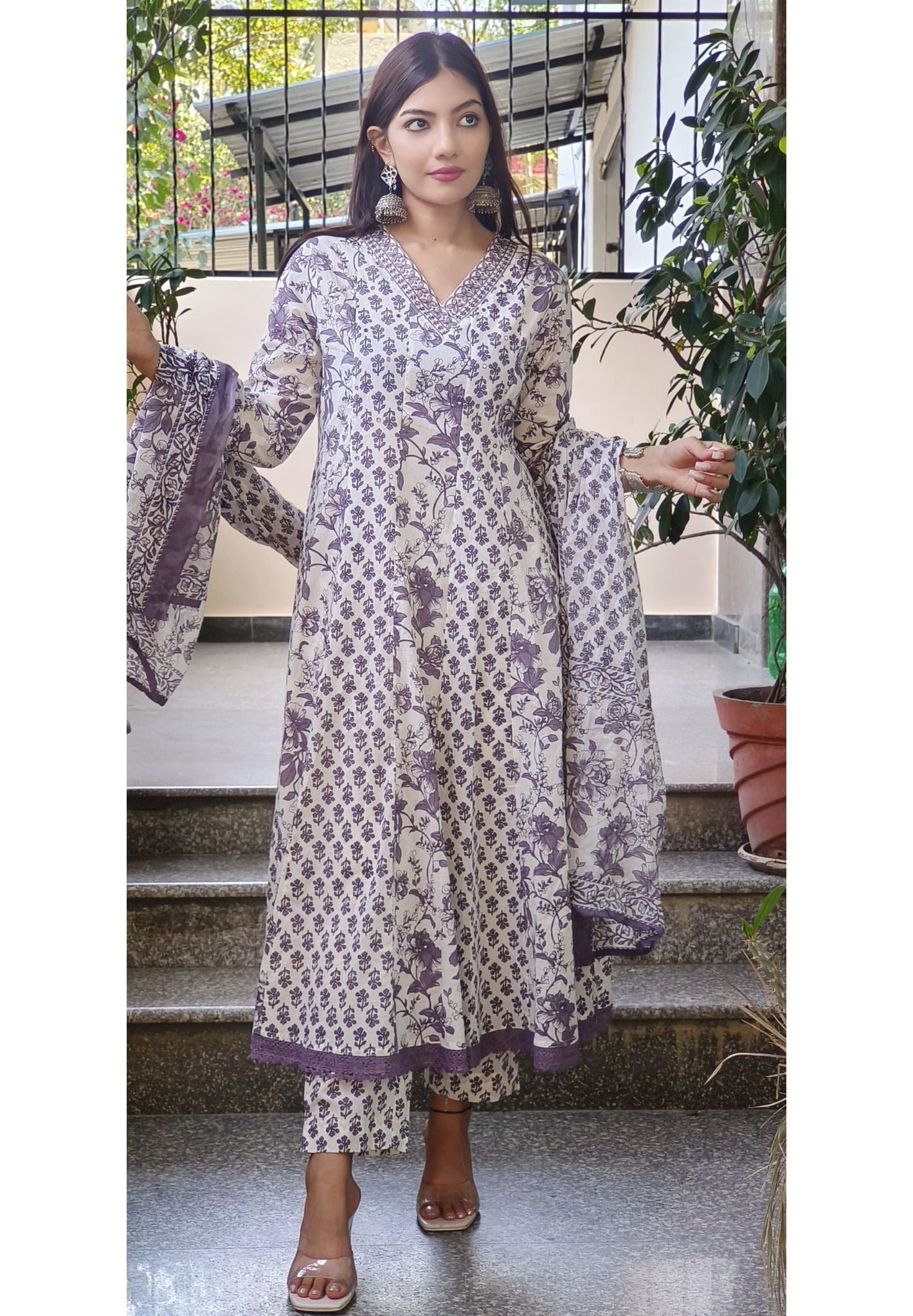 Light Lavender V-Neck Printed Cotton Panel Anarkali Set with Sequined Neck Detailing with Pant With Printed Dupatta-08795