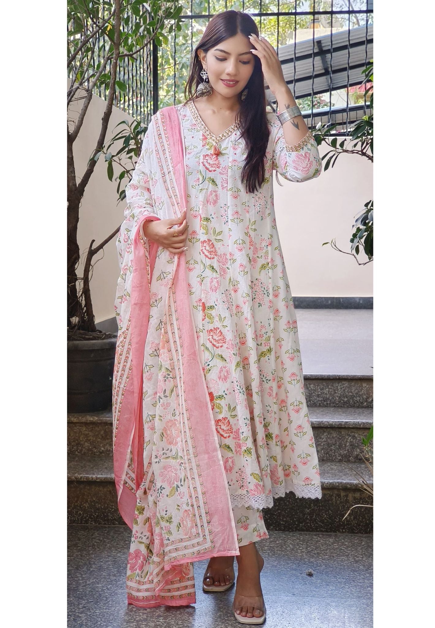 Elegant Floral Cotton Panel Anarkali Set with Embroidered Foil Mirror Work Neck-08795