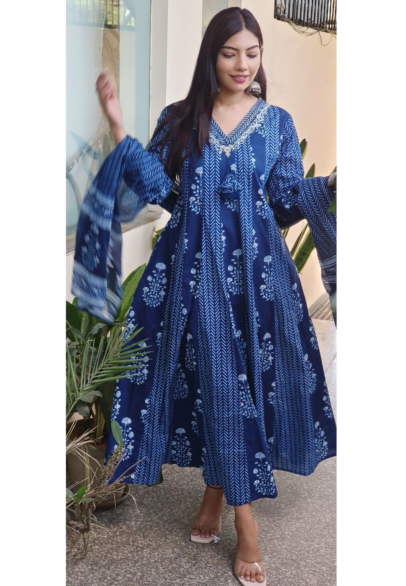 Elegant Cotton Blue Printed Panel Anarkali Suit Set with Matching Dupatta -08790