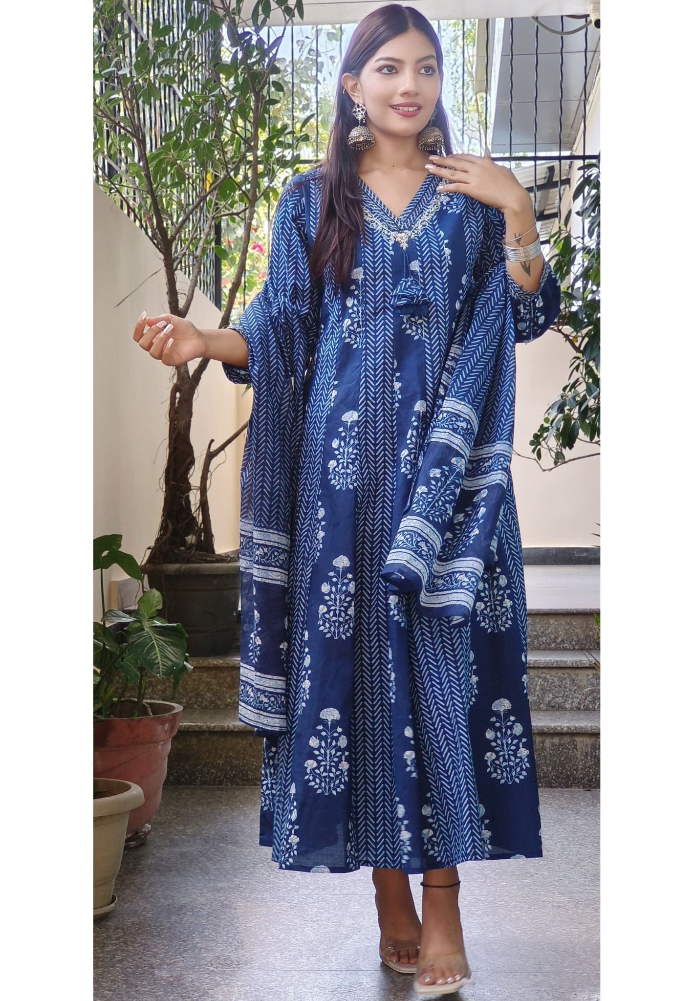 Elegant Cotton Blue Printed Panel Anarkali Suit Set with Matching Dupatta -08790