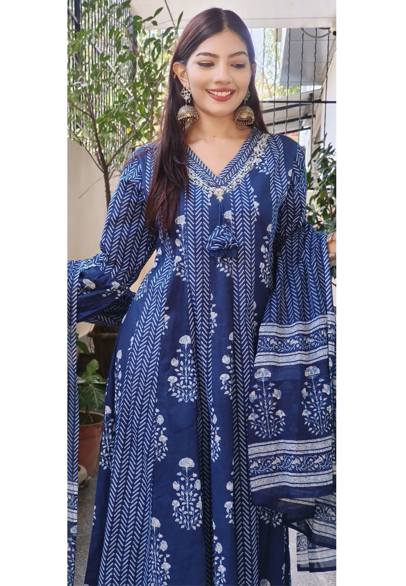 Elegant Cotton Blue Printed Panel Anarkali Suit Set with Matching Dupatta -08790