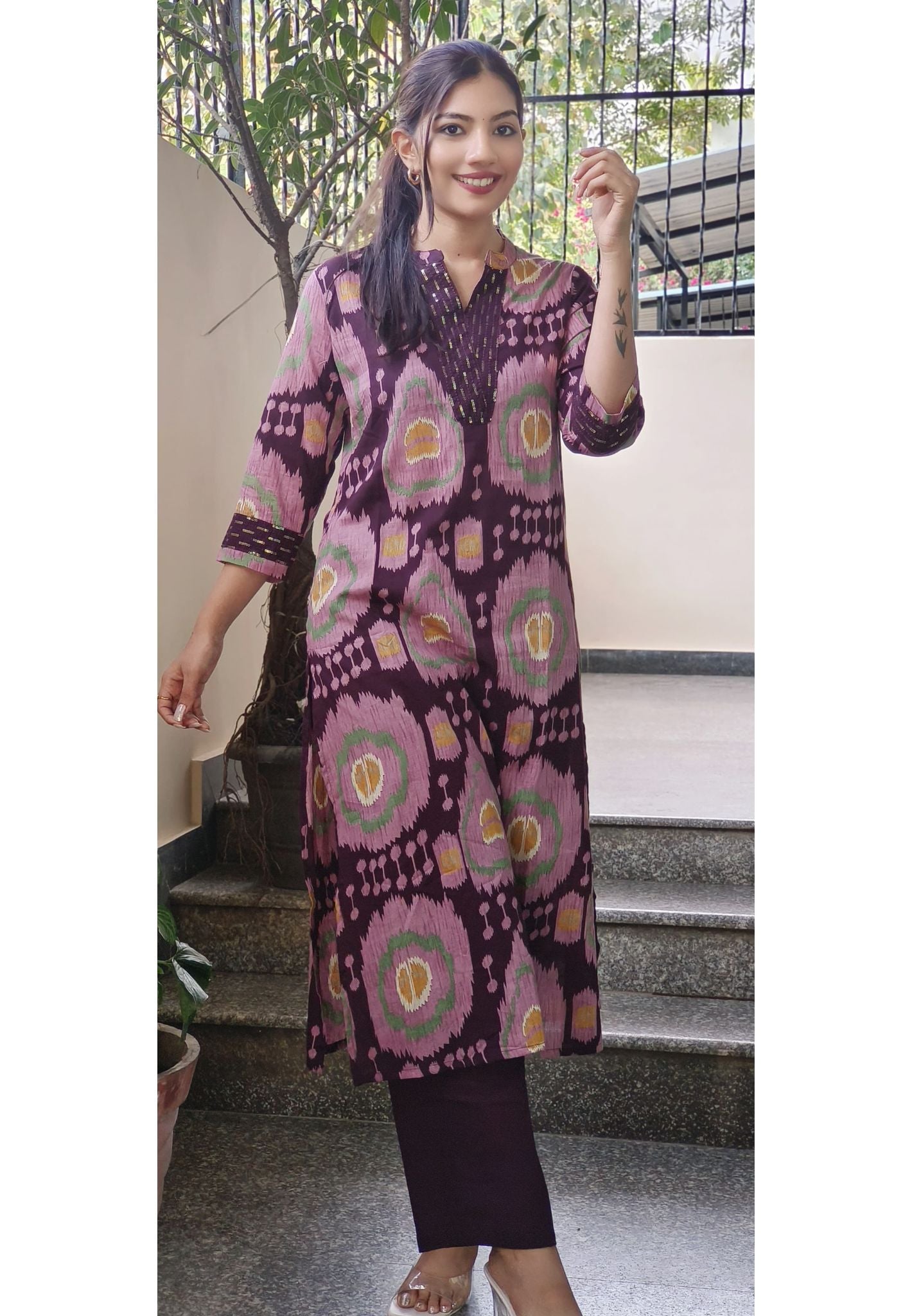 Beautiful V-Neck Sequence Embroidery Bold Ikat Print Cotton Kurta Pant Set-08799-08798