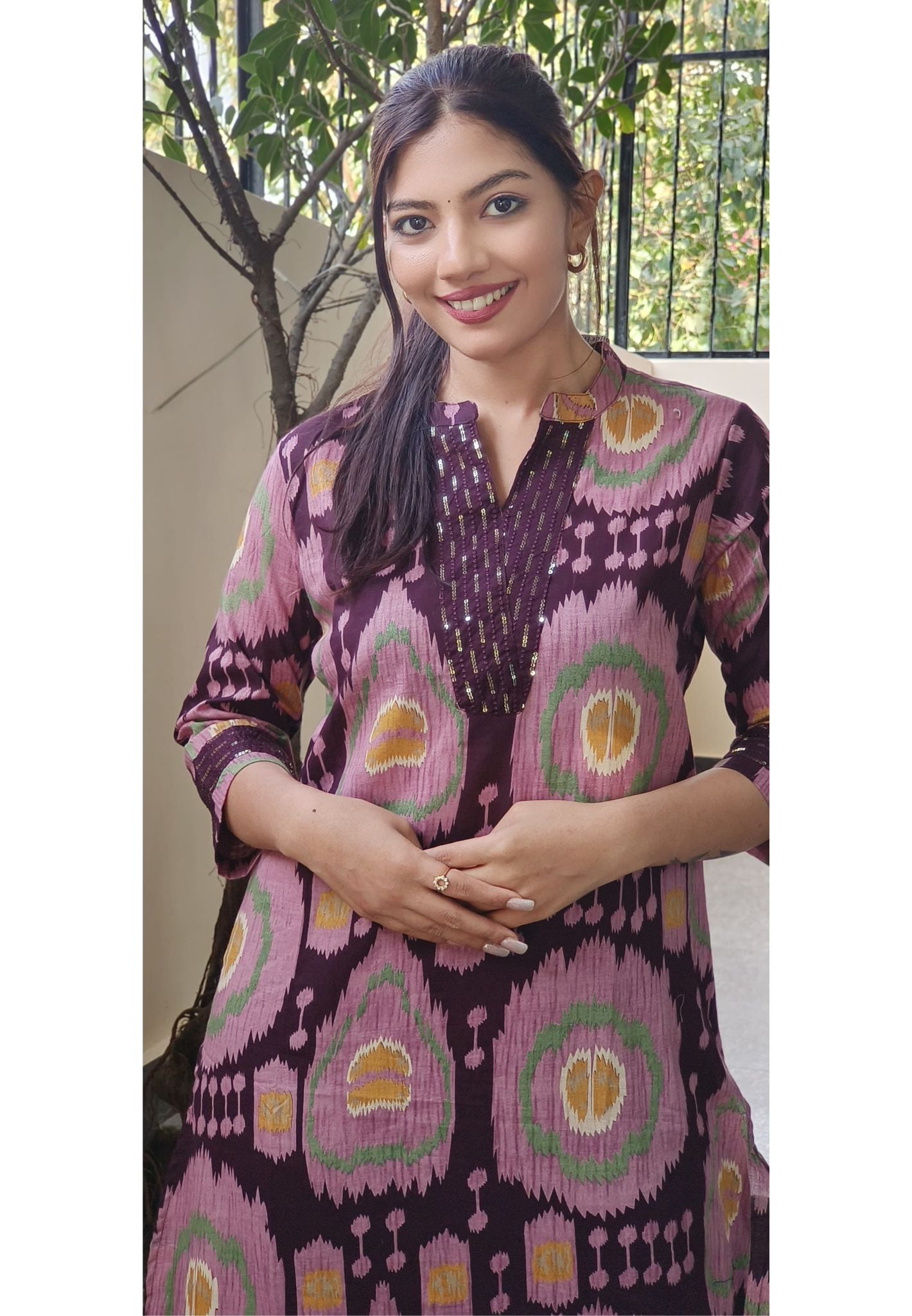 Beautiful V-Neck Sequence Embroidery Bold Ikat Print Cotton Kurta Pant Set-08799-08798