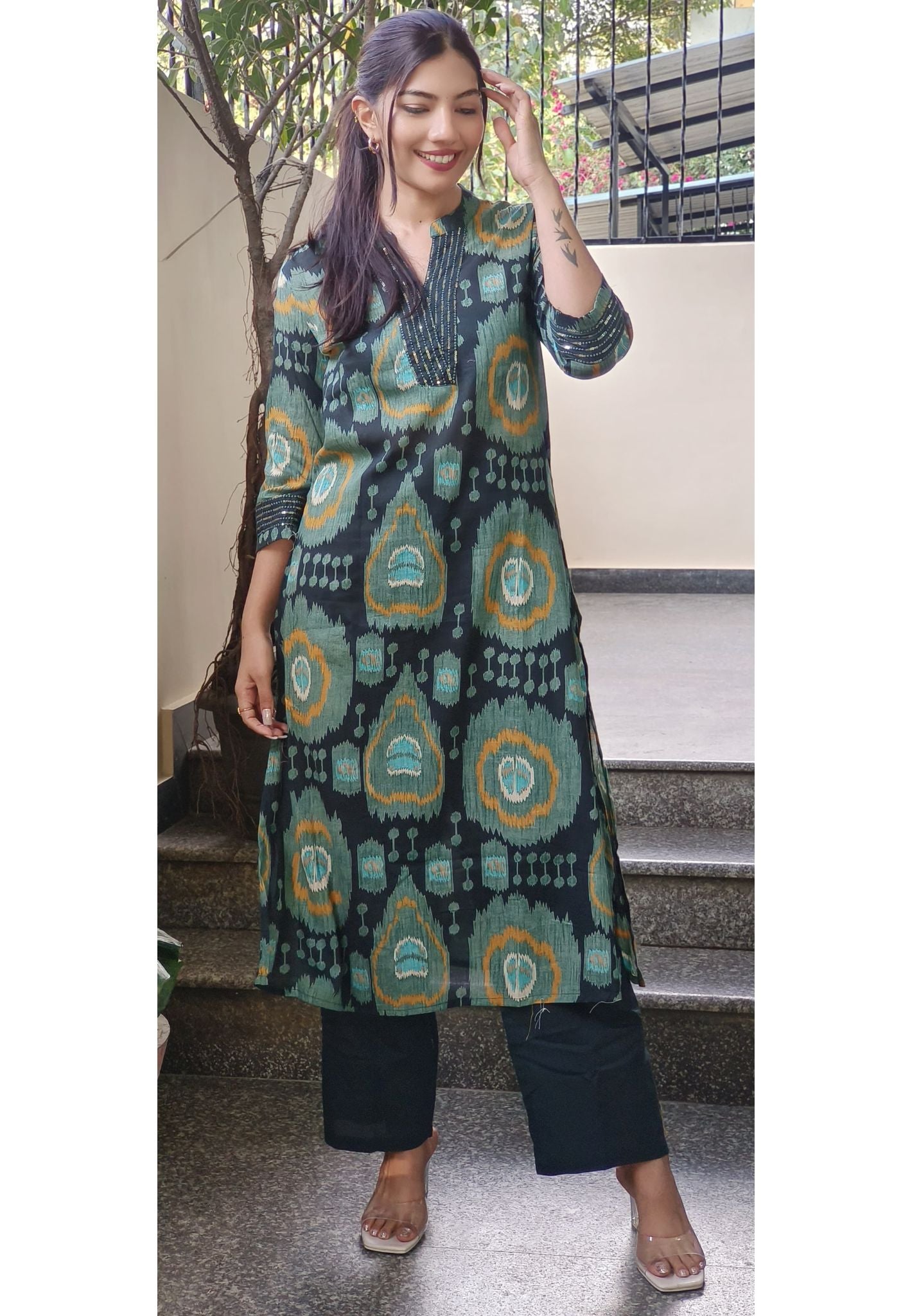 Beautiful V-Neck Sequence Embroidery Bold Ikat Print Cotton Kurta Pant Set-08799-08798