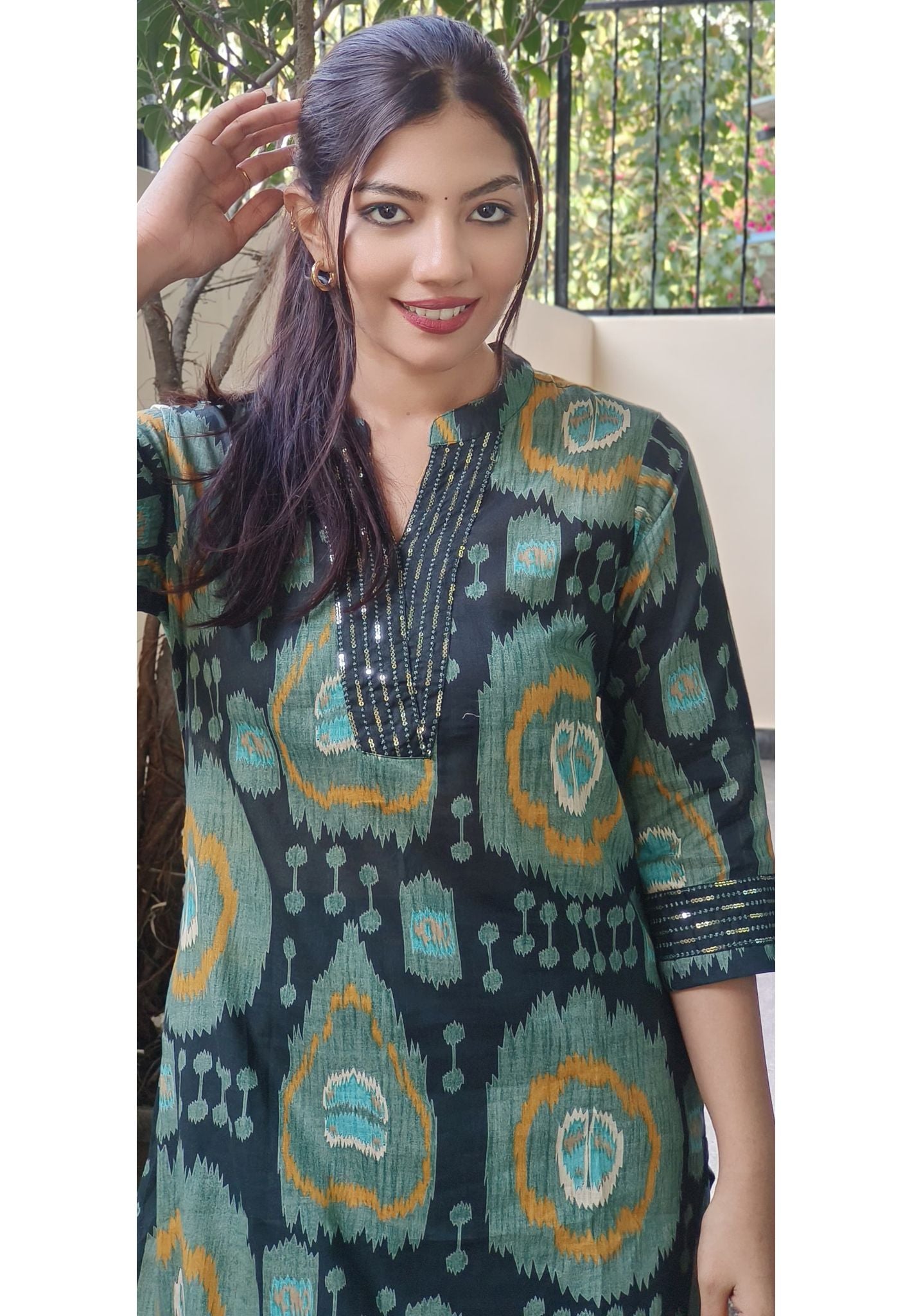 Beautiful V-Neck Sequence Embroidery Bold Ikat Print Cotton Kurta Pant Set-08799-08798