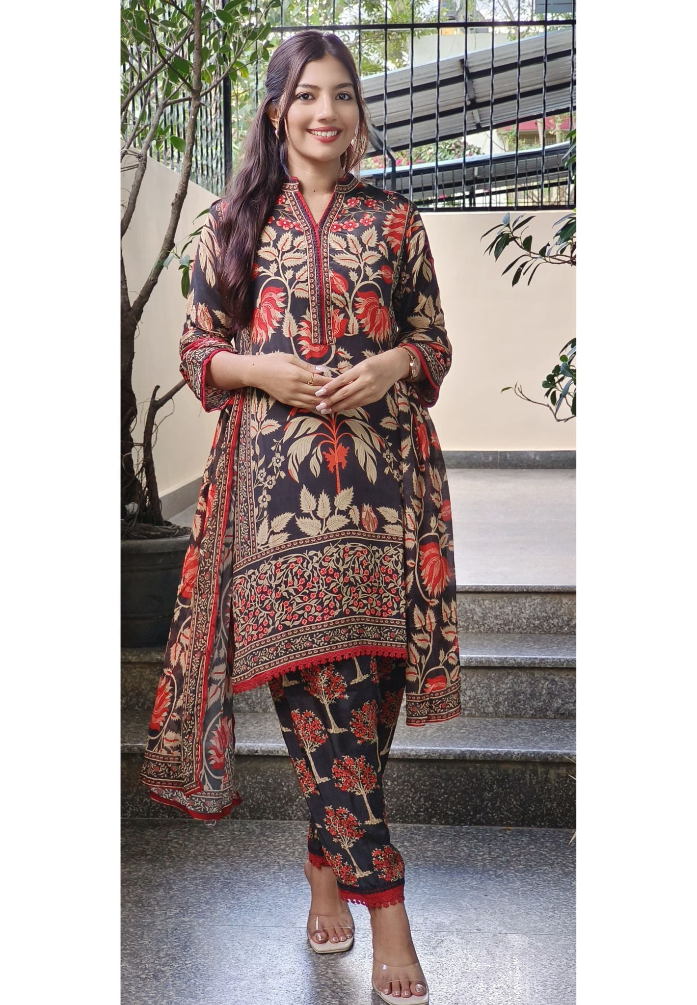 Stunning Pure Crepe Floral Printed Full Suit Set for Effortless Elegance-08815