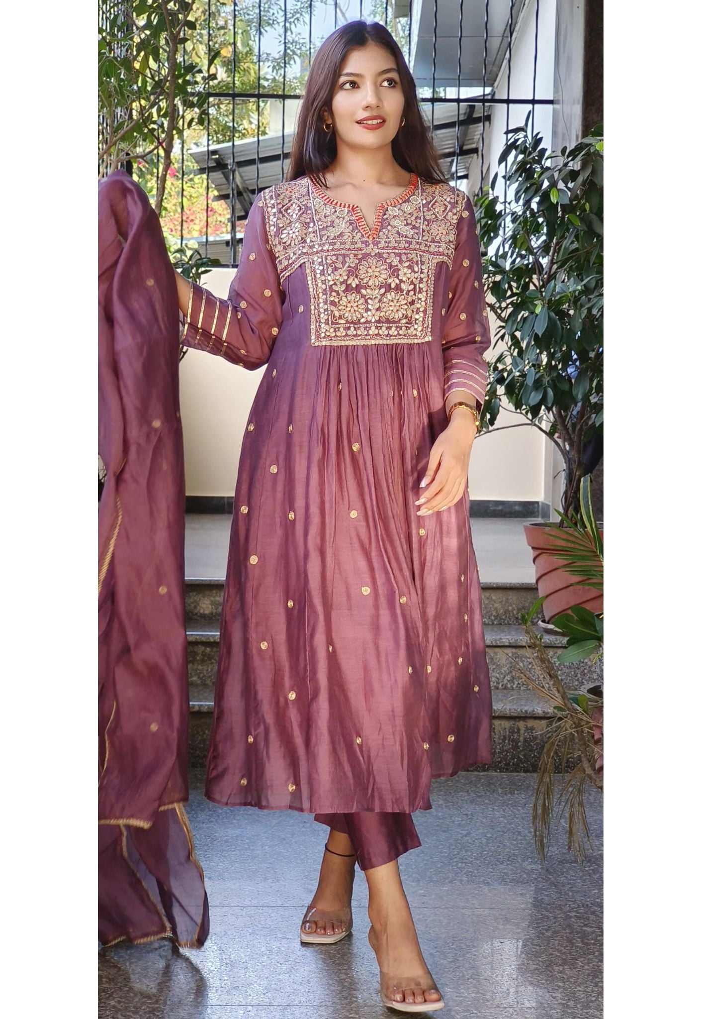 Elegant mul Chanderi Gota patti Embroidered Aline kurta with Pant and Dupatta-08845