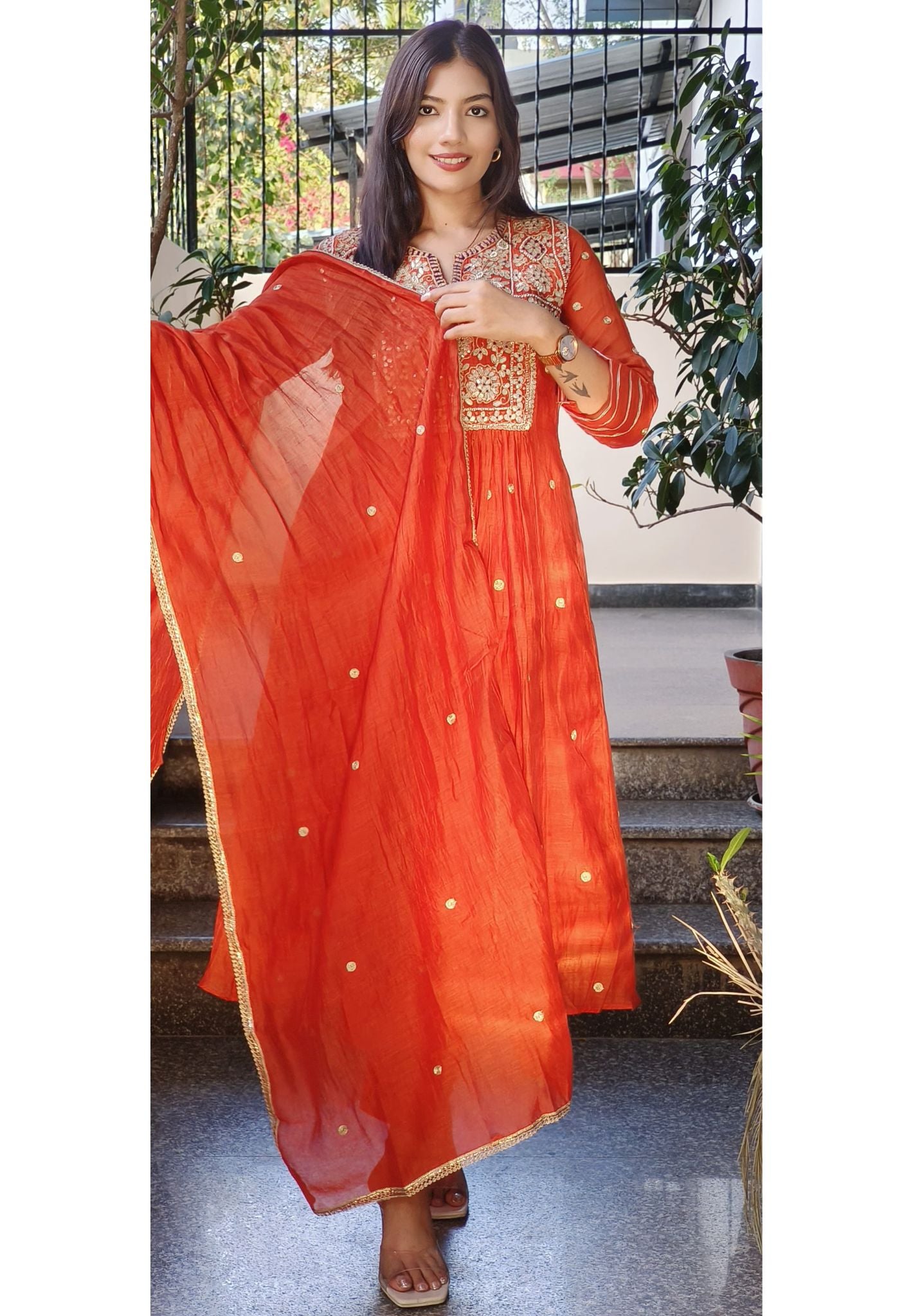 Elegant mul Chanderi Gota patti Embroidered Aline kurta with Pant and Dupatta-08845