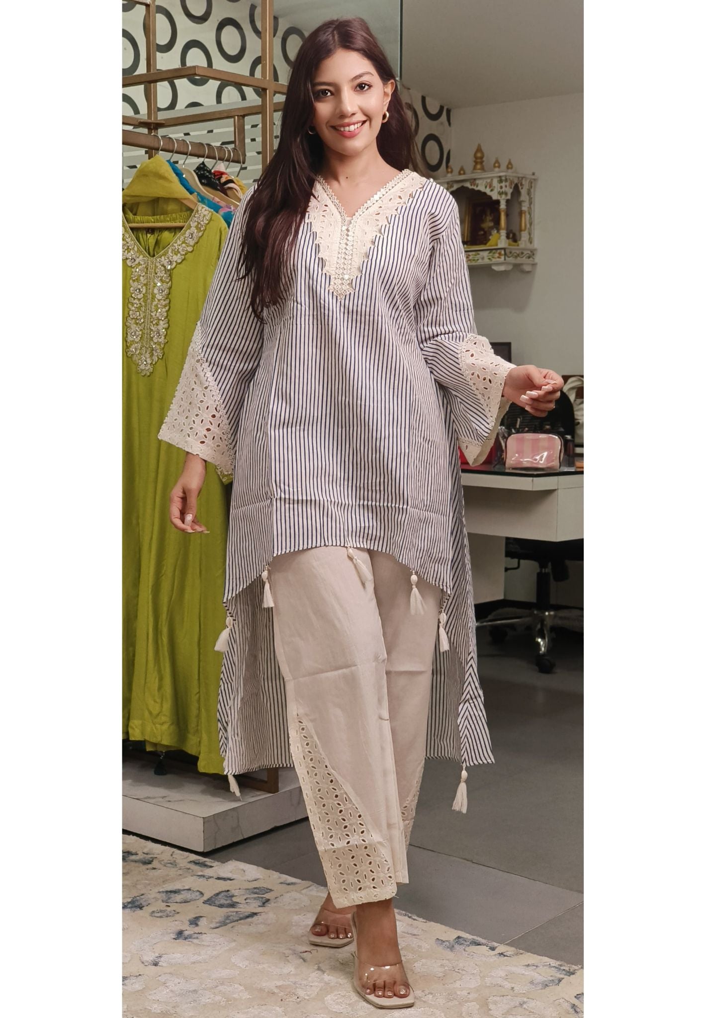 Elegant Striped Cotton High-Low Kurti with Pant Lace Detailing and Tassels-08861