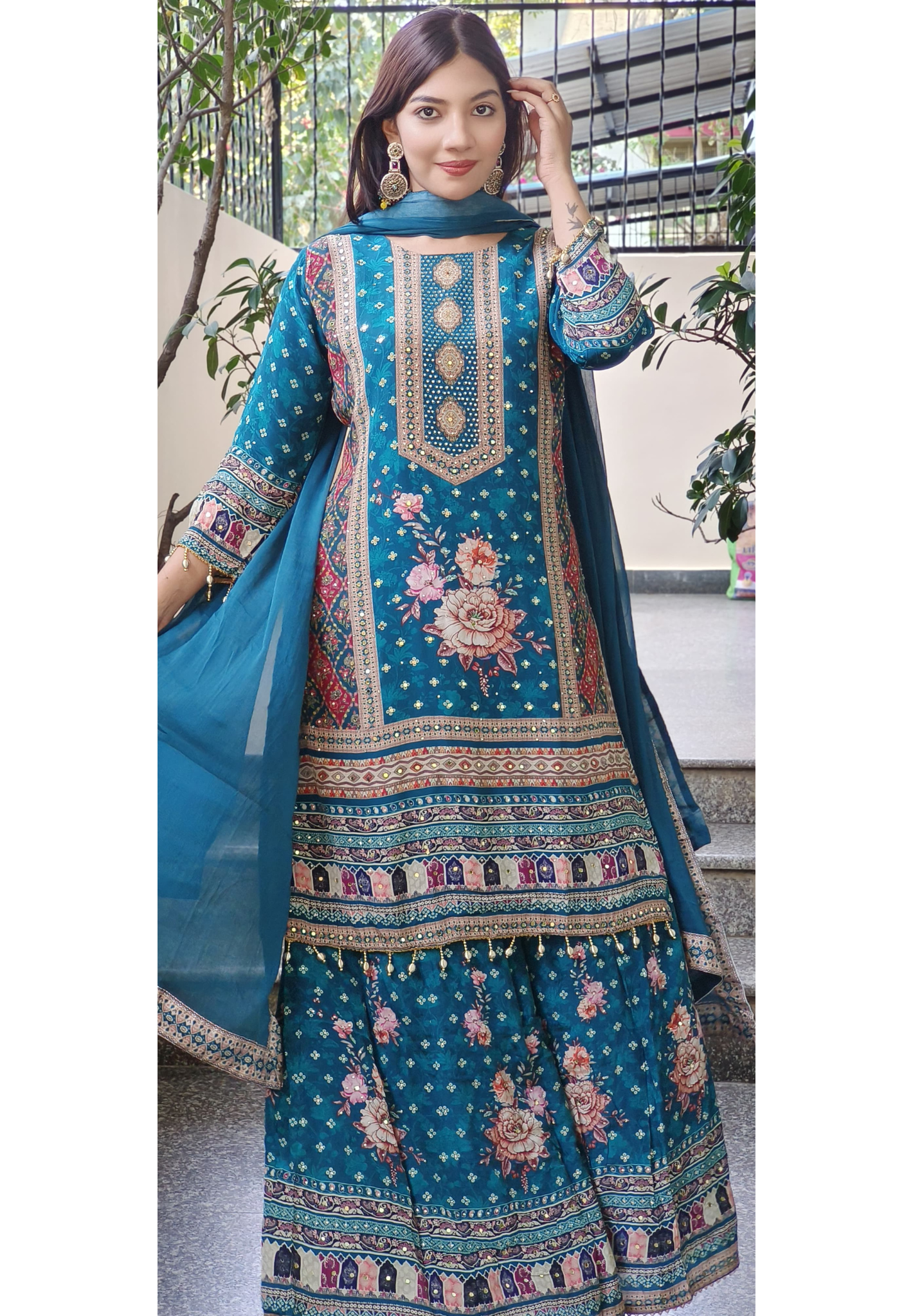 Elegant Digital Print Crepe Palazzo Set with Stone and Real Mirror Embroidery & Chinon Dupatta-08935