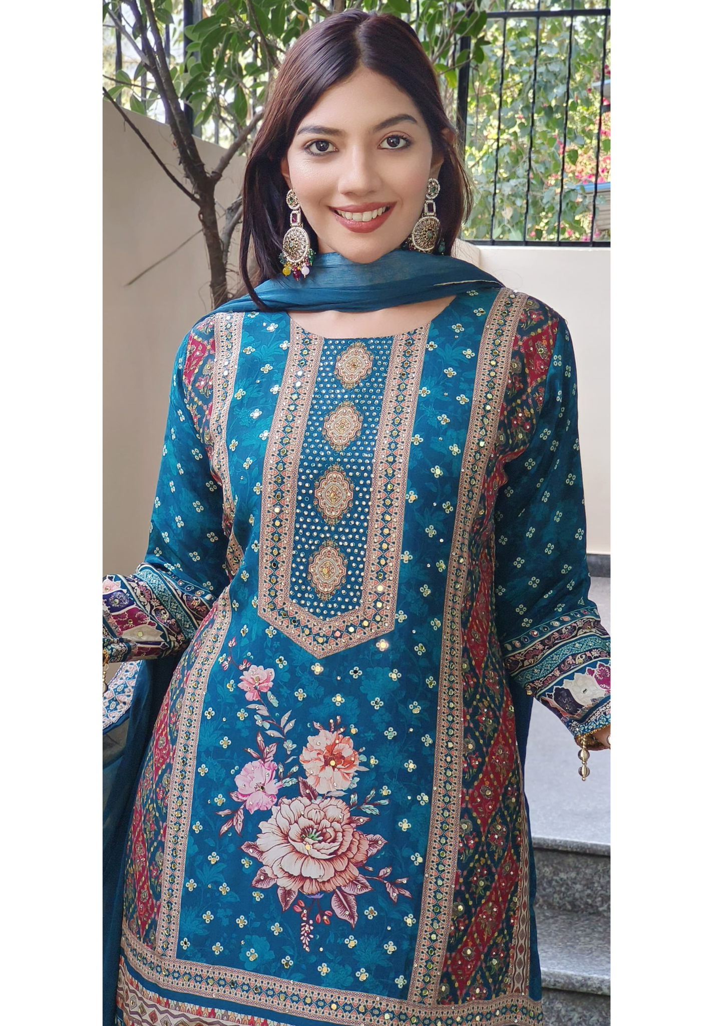 Elegant Digital Print Crepe Palazzo Set with Stone and Real Mirror Embroidery & Chinon Dupatta-08935