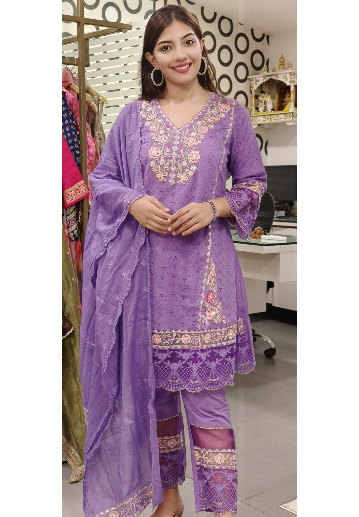 Short Length Shifli Cotton Kurta with Pant Organza Lace and Dupatta-09178