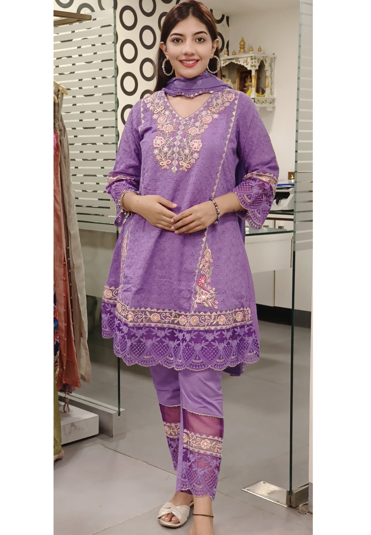 Short Length Shifli Cotton Kurta with Pant Organza Lace and Dupatta-09178