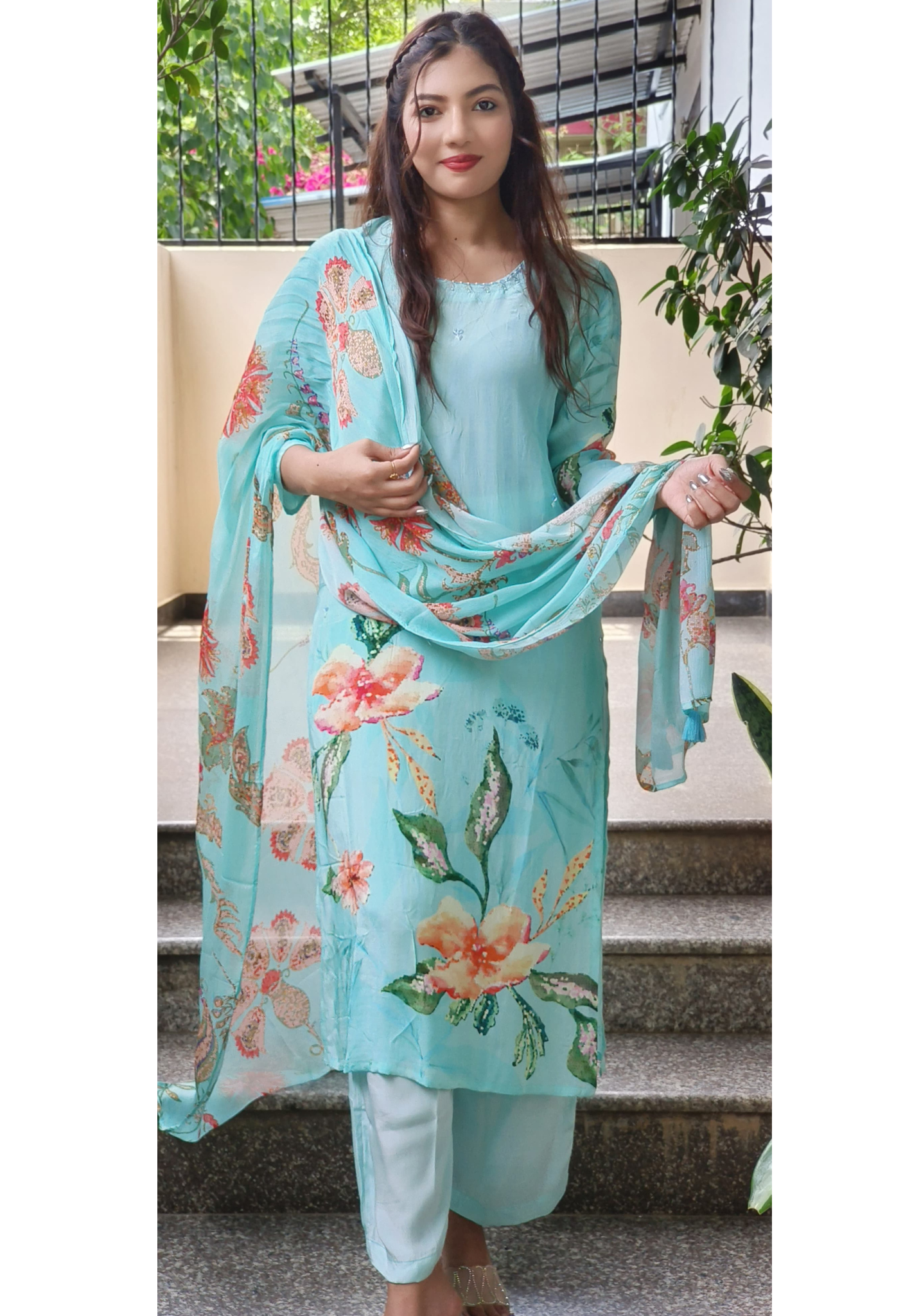 Floral Printed Crepe Full Kurta Set-9381