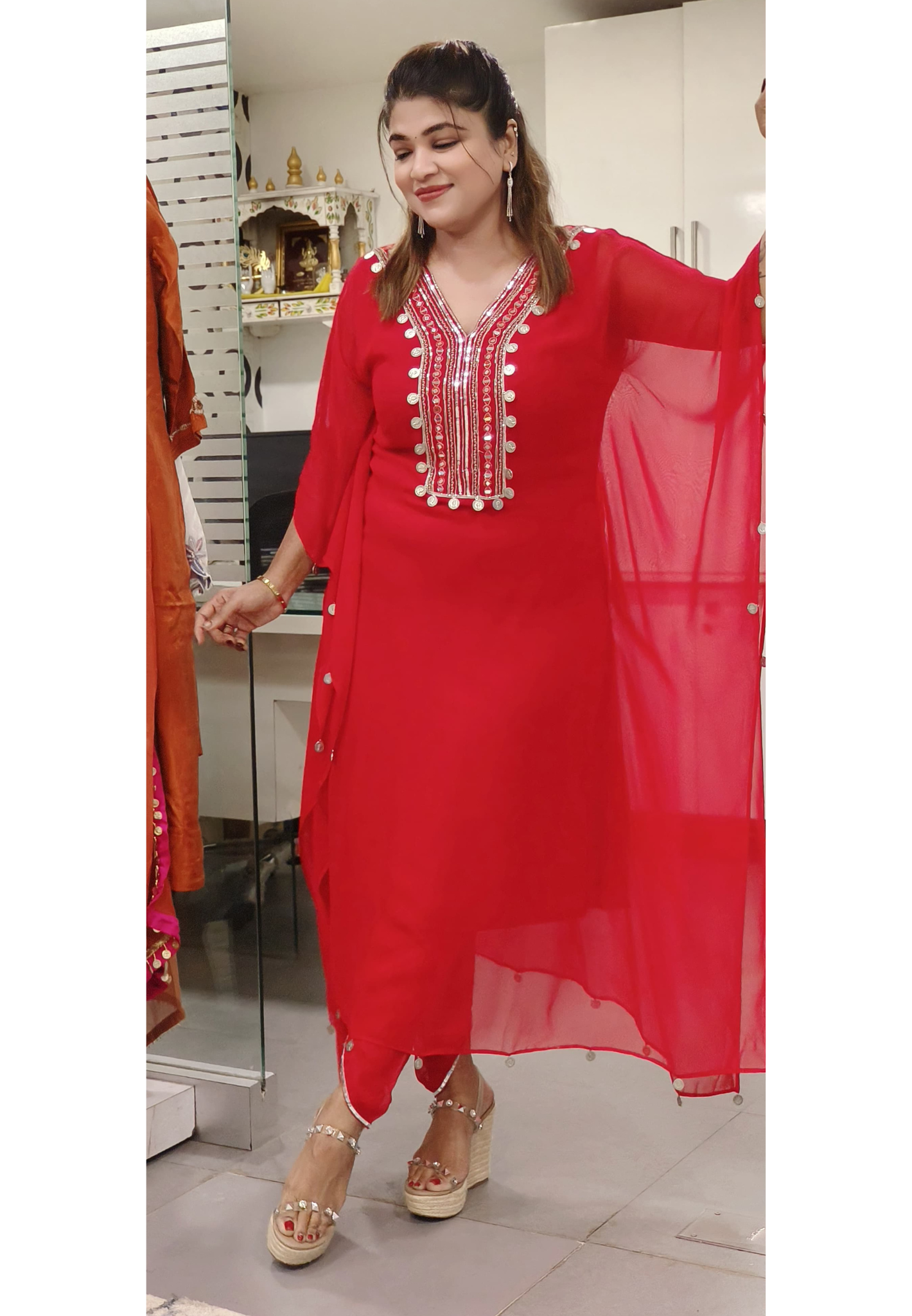 Gorgette Coin and mirror Embroidered Kaftan With inner and Tulip Bottom Dispatching After 15 Days 9548