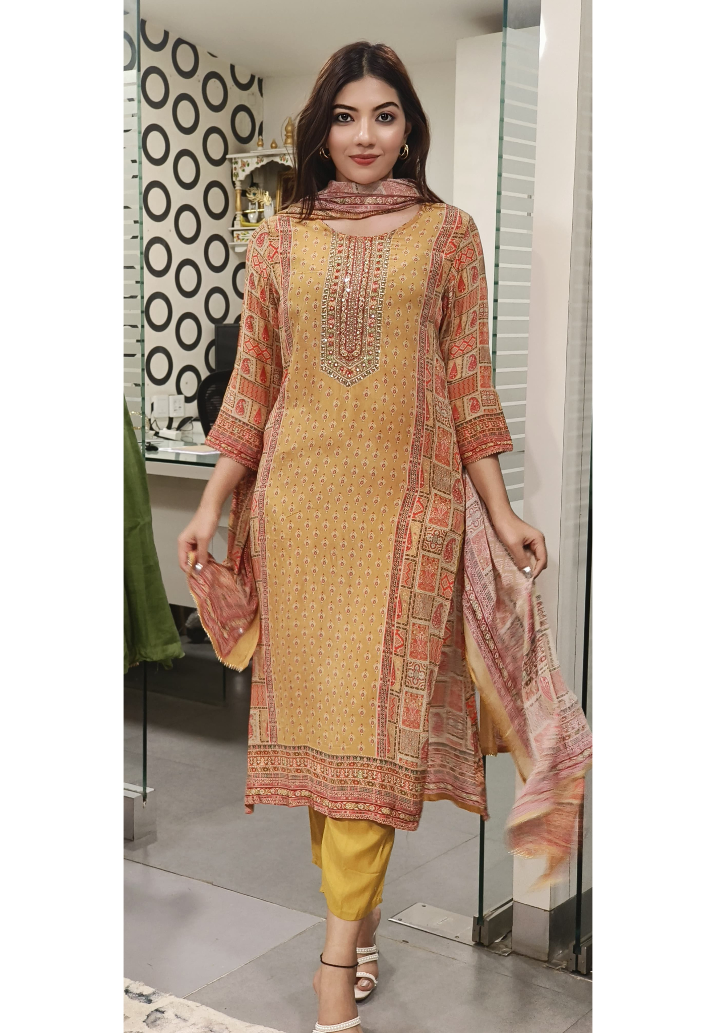 Beautiful Floral Printed Crepe Kurta With Light Cut Dana Embroidery, Pant And Chinnon Dupatta- 07182