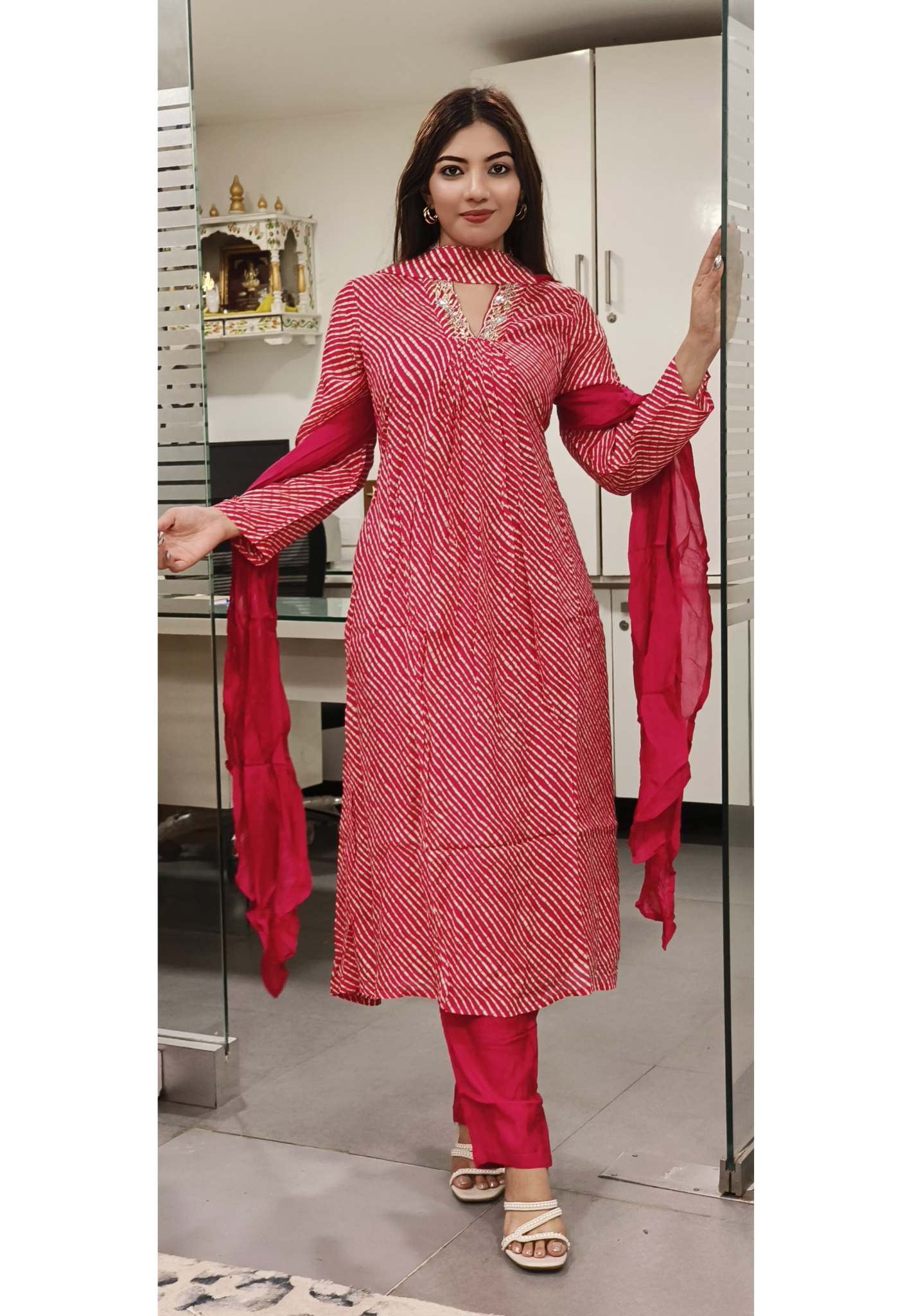 Pure Chinon Stylish Lehriya Printed Embroidery A-line Kurta With Pant And Dupatta Set DRYWASHONLY-06346