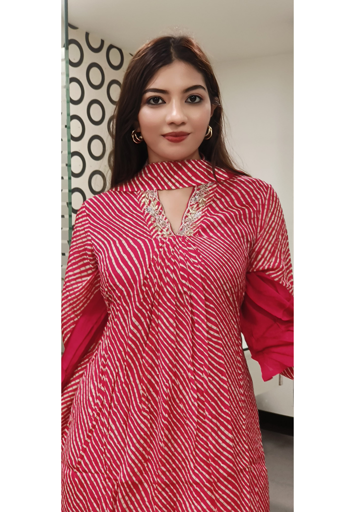 Pure Chinon Stylish Lehriya Printed Embroidery A-line Kurta With Pant And Dupatta Set DRYWASHONLY-06346